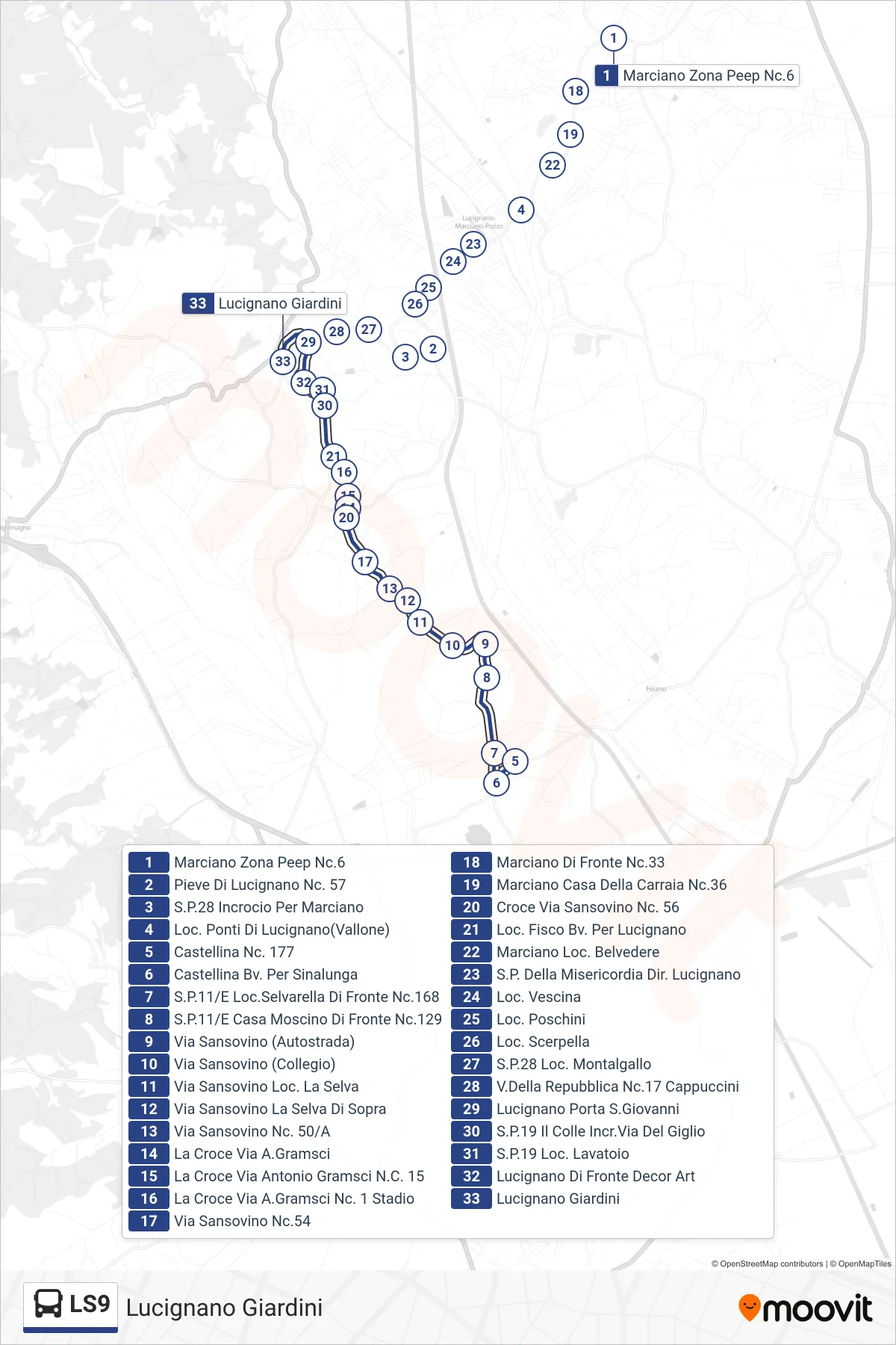 Linea LS9 bus (Lucignano Giardini) - Percorsi e fermate sulla mappa