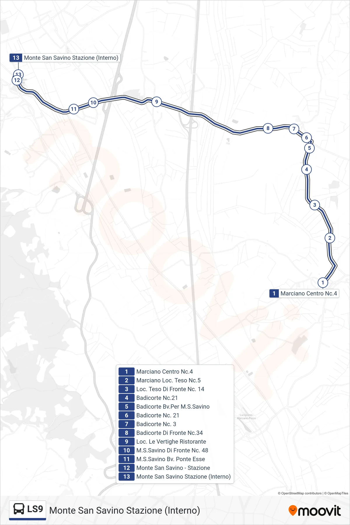 Linea LS9 bus (Monte San Savino Stazione (Interno)) - Percorsi e fermate sulla mappa