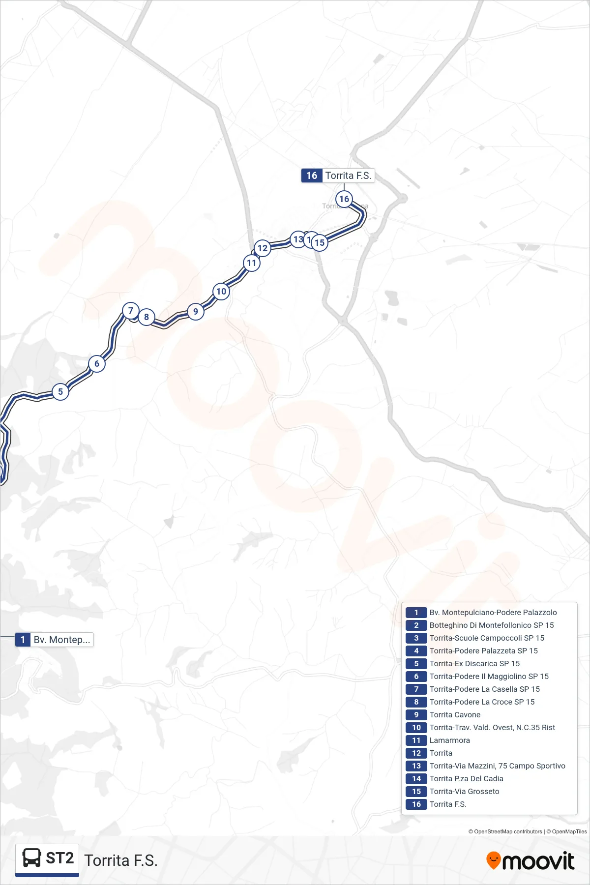 Linea ST2 bus (Torrita F.S.) - Percorsi e fermate sulla mappa