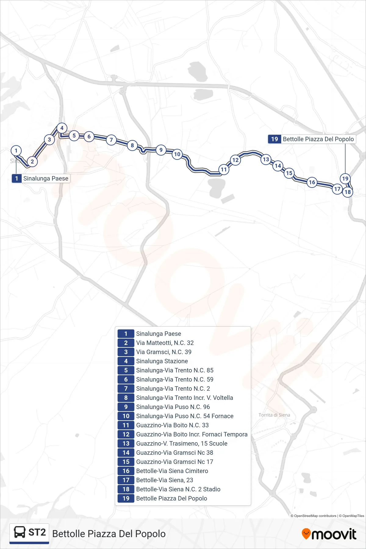Linea ST2 bus (Bettolle Piazza Del Popolo) - Percorsi e fermate sulla mappa