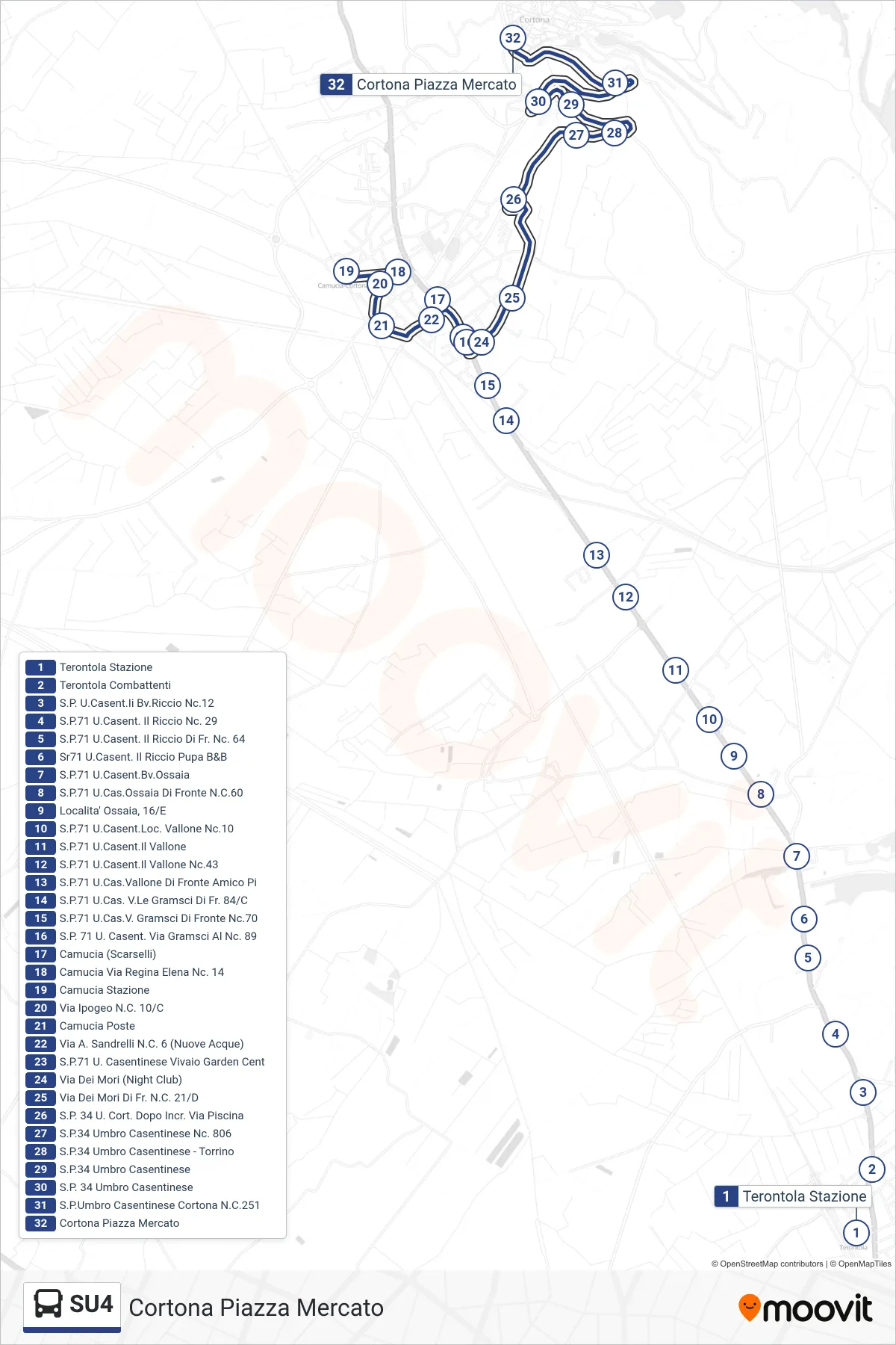Linea SU4 bus (Cortona Piazza Mercato) - Percorsi e fermate sulla mappa