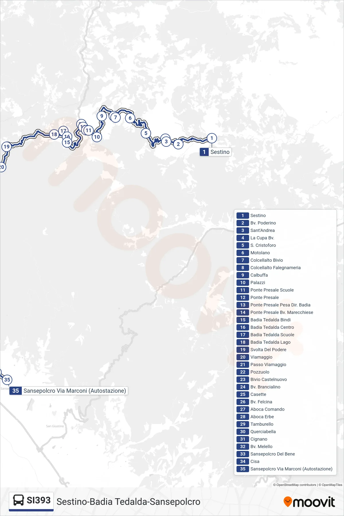 Linea SI393  bus (Sansepolcro Via Marconi (Autostazione)) - Percorsi e fermate sulla mappa