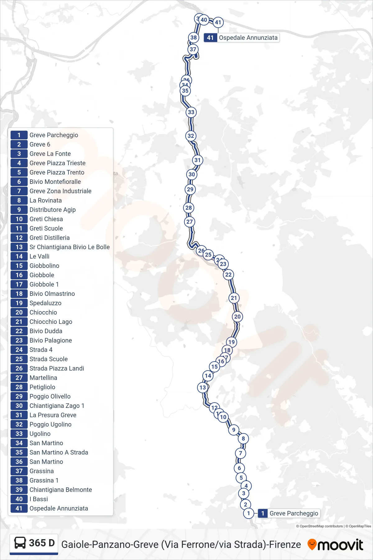 Linea 365 D  tram (Ospedale Annunziata) - Percorsi e fermate sulla mappa
