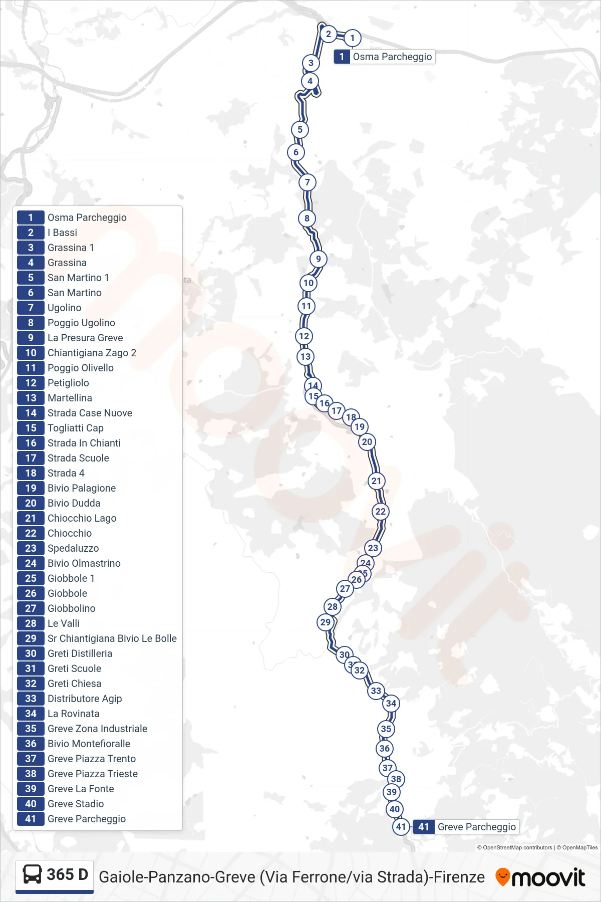 Linea 365 D  tram (Greve Parcheggio) - Percorsi e fermate sulla mappa