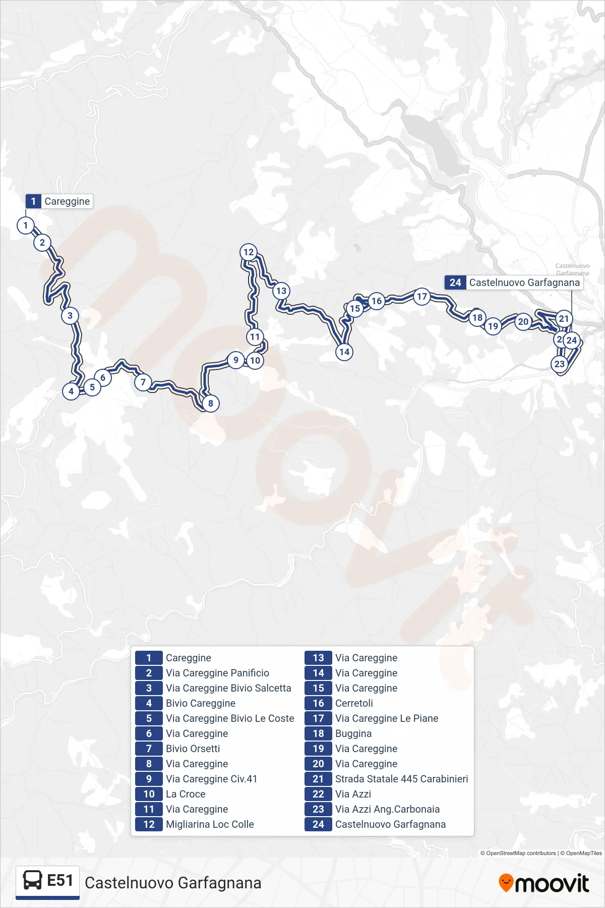 Linea E51 bus (Castelnuovo Garfagnana) - Percorsi e fermate sulla mappa