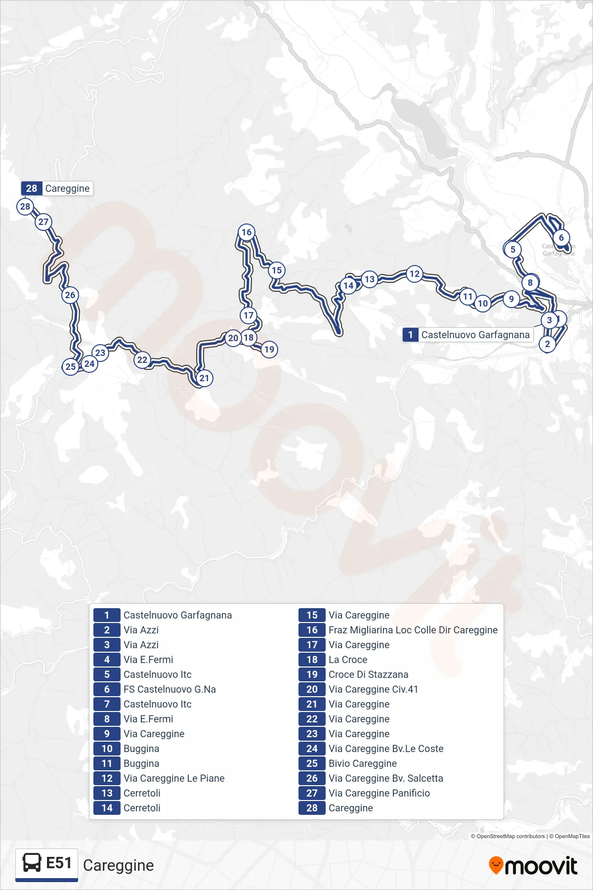 Linea E51 bus (Careggine) - Percorsi e fermate sulla mappa