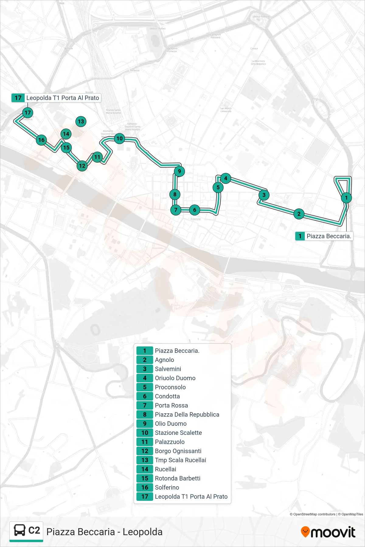 Linea C2  bus (Leopolda T1 Porta Al Prato) - Percorsi e fermate sulla mappa