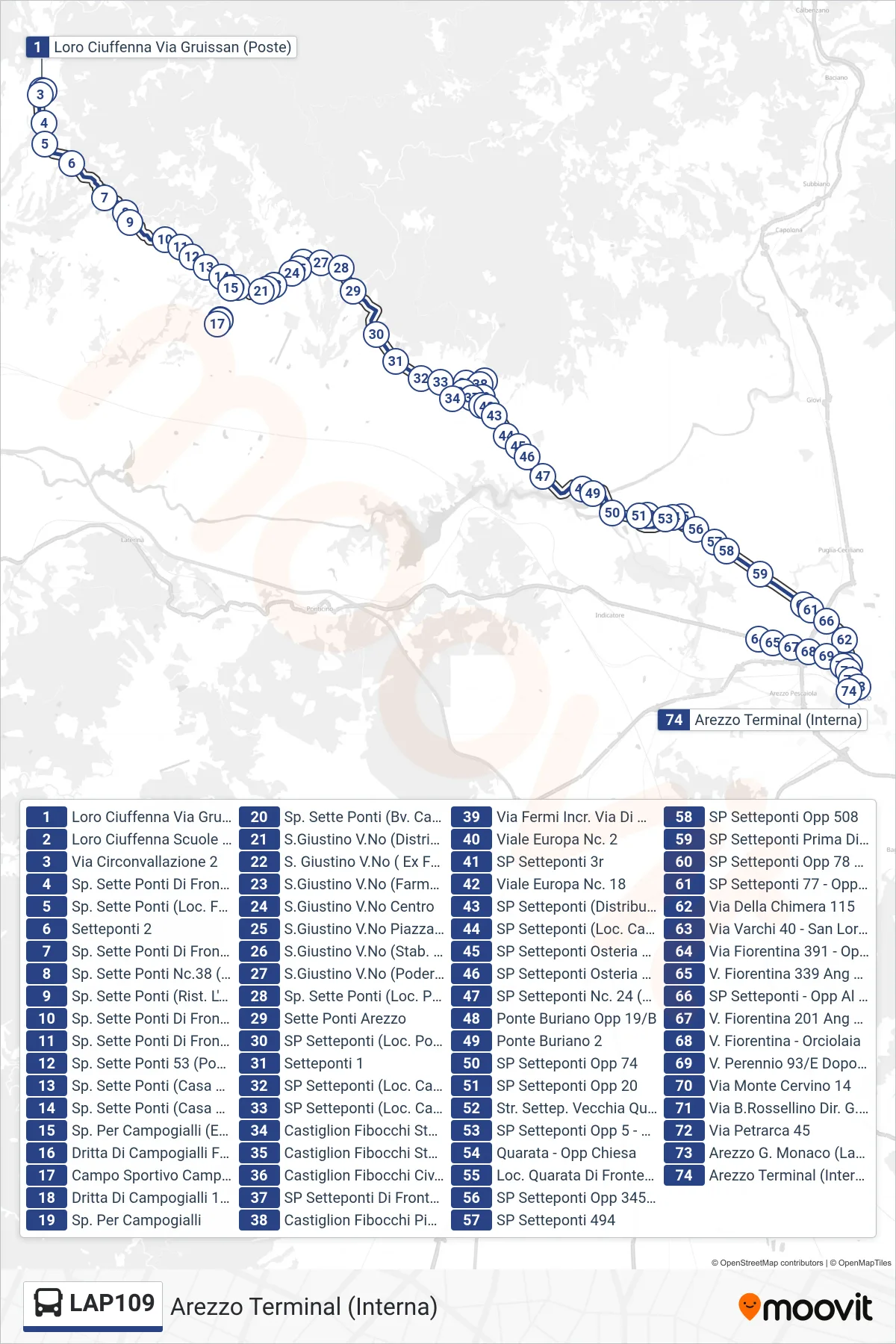 Linea LAP109  bus (Arezzo Terminal (Interna)) - Percorsi e fermate sulla mappa