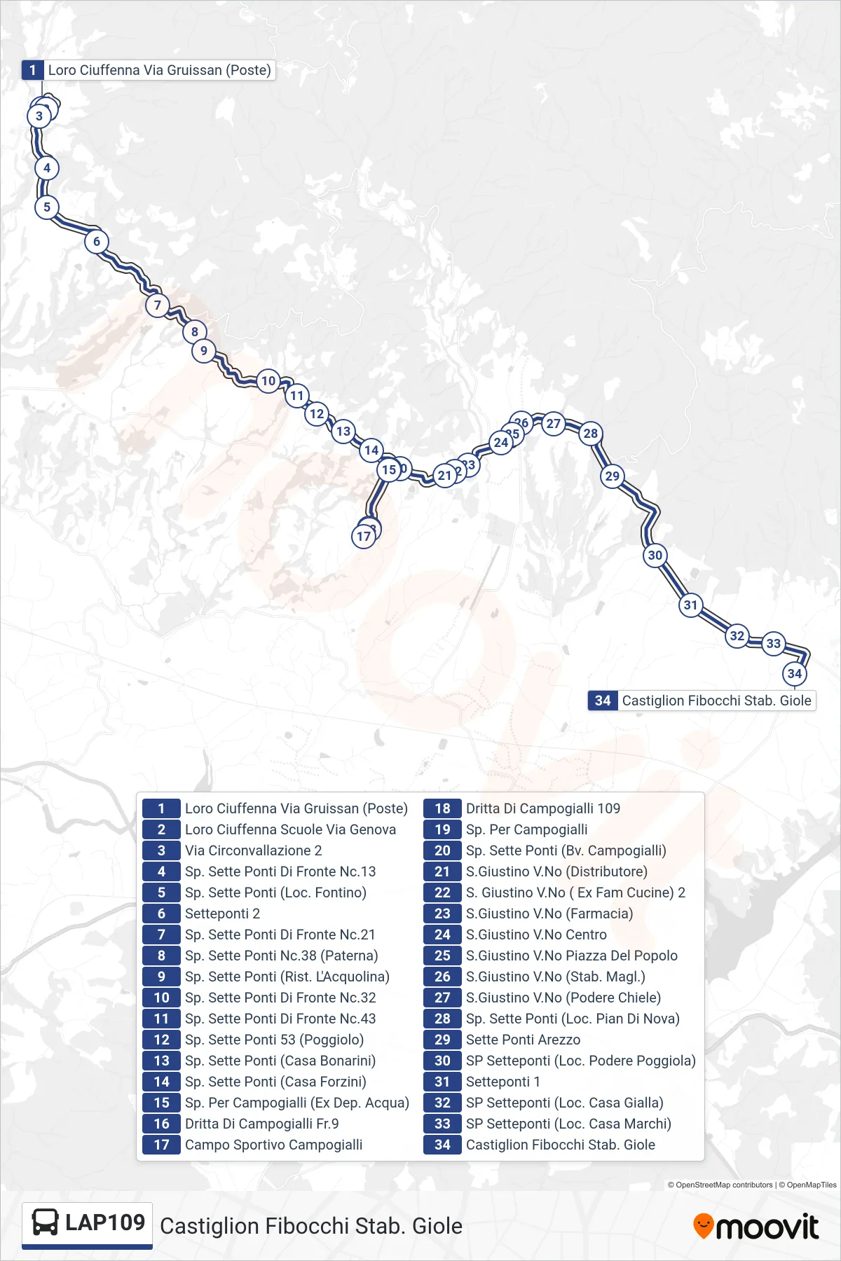 Linea LAP109  bus (Castiglion Fibocchi Stab. Giole) - Percorsi e fermate sulla mappa