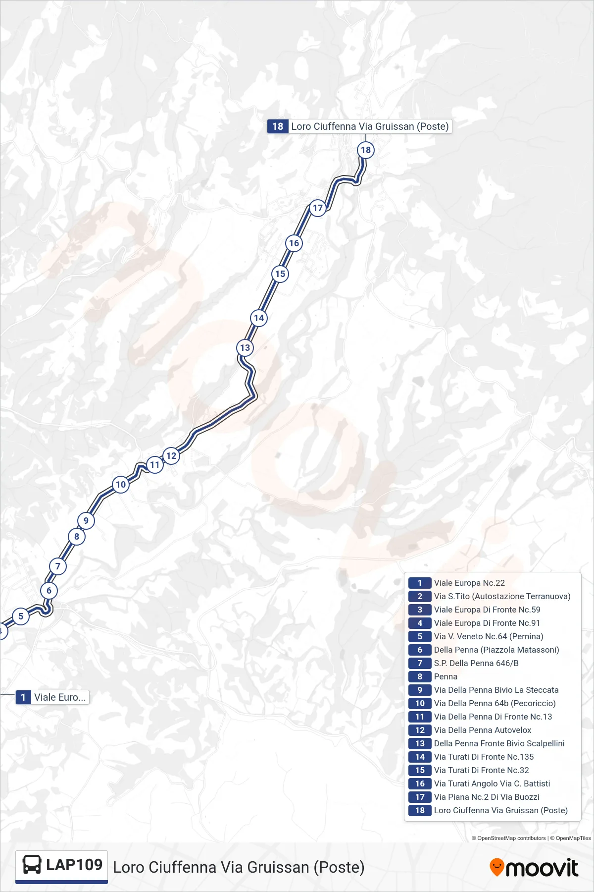 Linea LAP109  bus (Loro Ciuffenna Via Gruissan (Poste)) - Percorsi e fermate sulla mappa