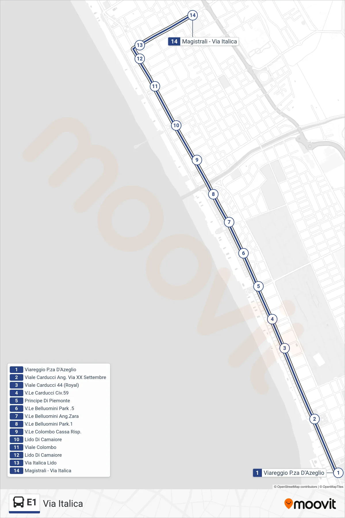 E1 bus Line (Italica Street) route and stops on a map