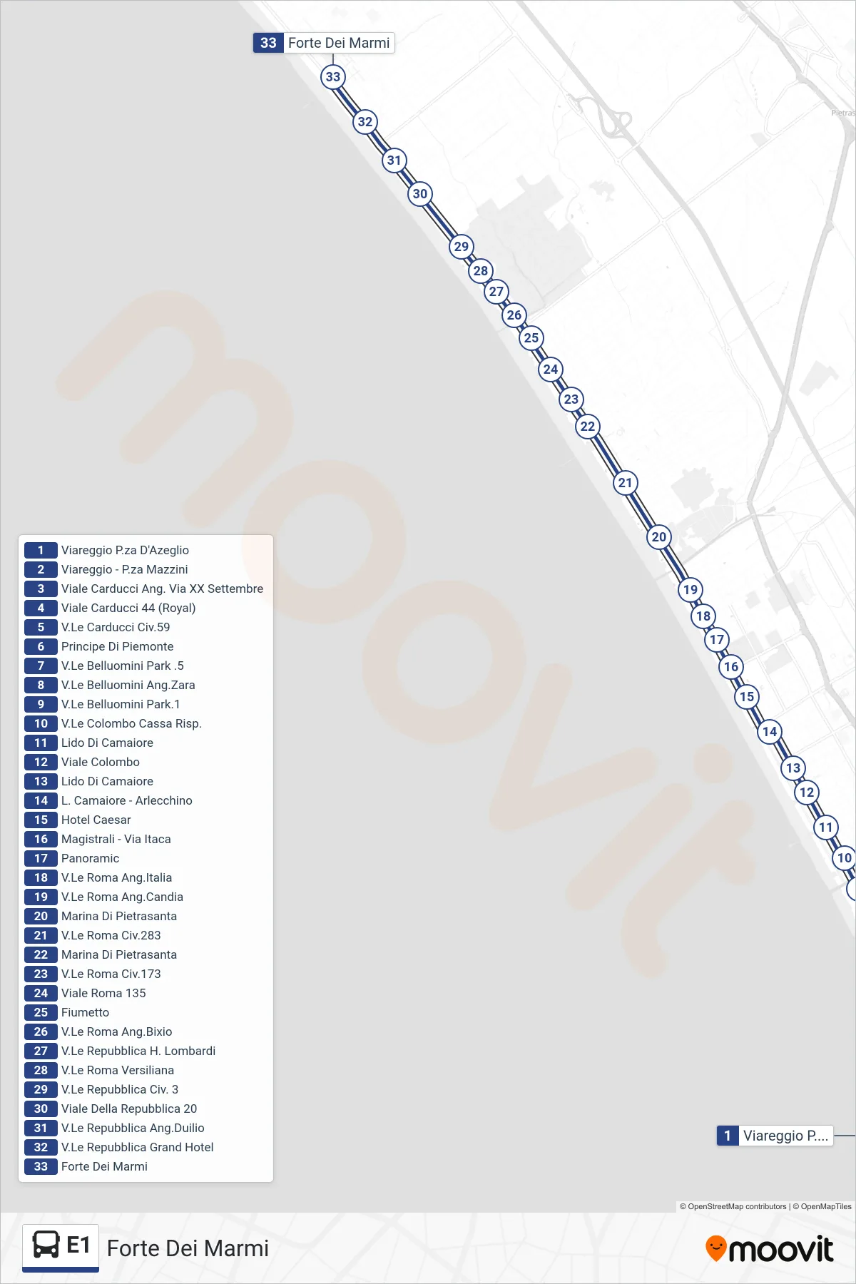Linea E1  bus (Forte Dei Marmi) - Percorsi e fermate sulla mappa