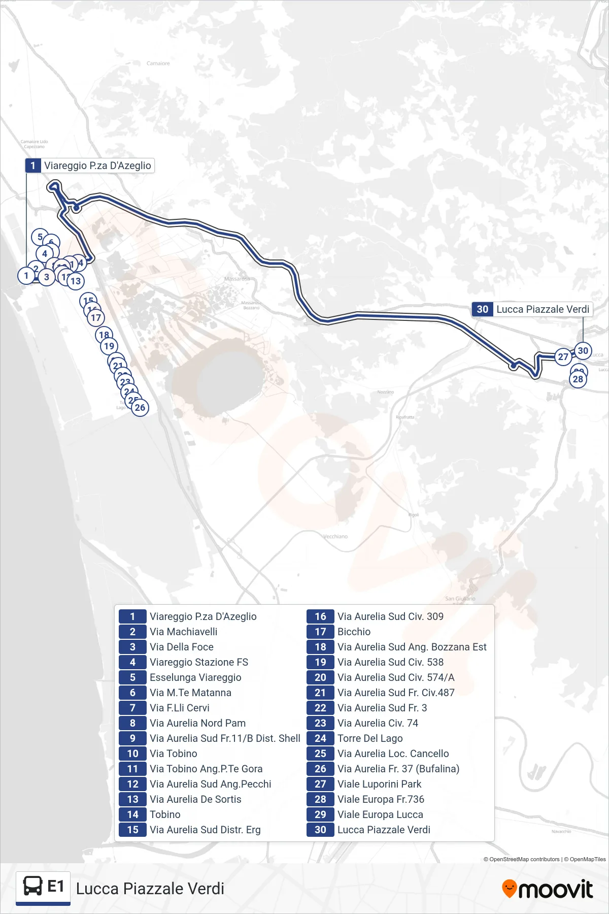Linea E1 bus (Lucca Piazzale Verdi) - Percorsi e fermate sulla mappa
