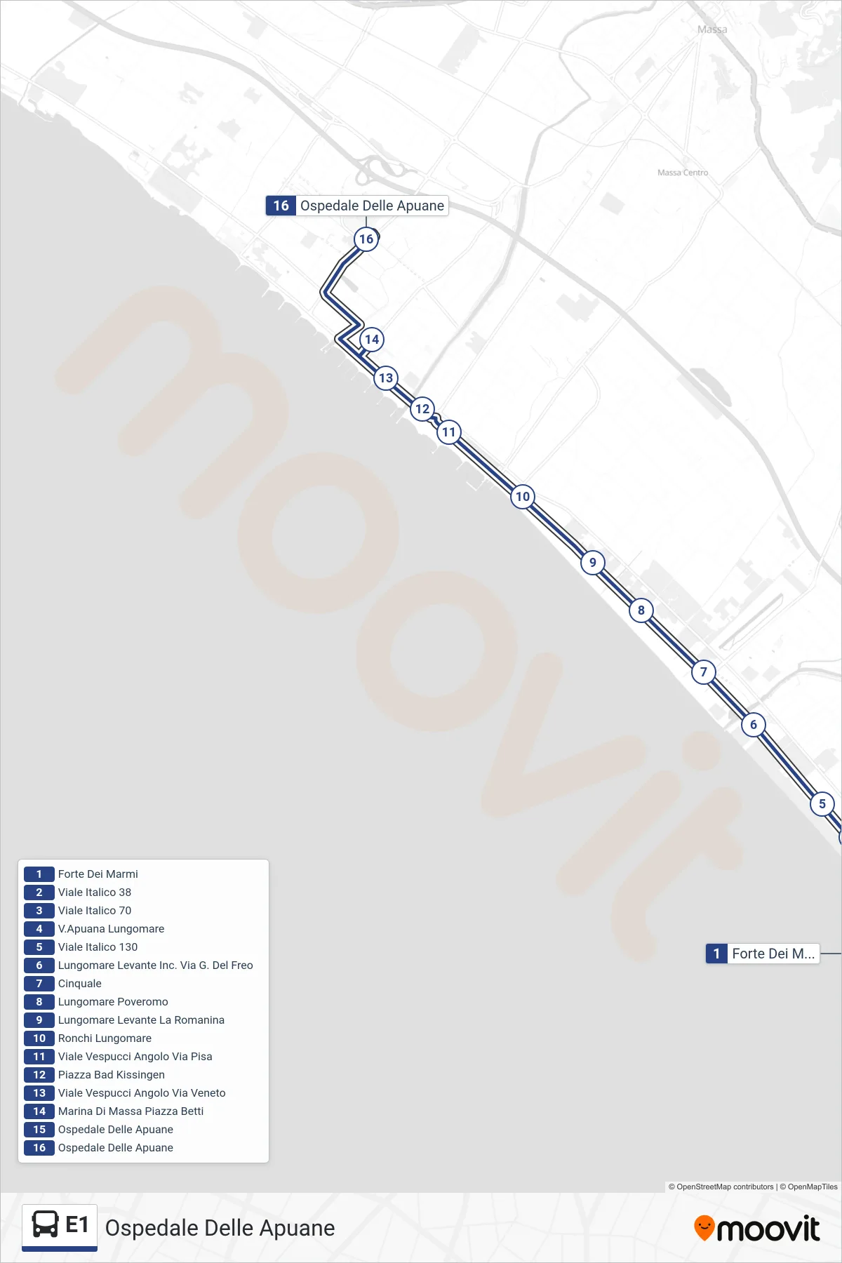 E1 bus Line (Apuane Hospital) route and stops on a map