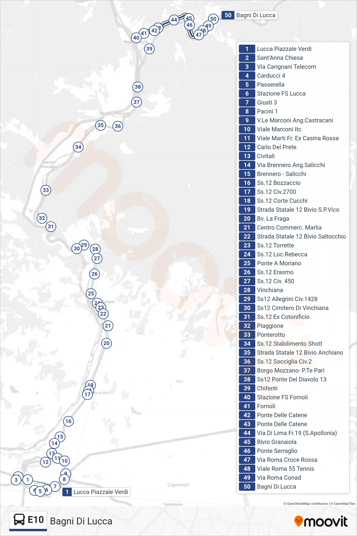 Linea E10  bus (Bagni Di Lucca) - Percorsi e fermate sulla mappa
