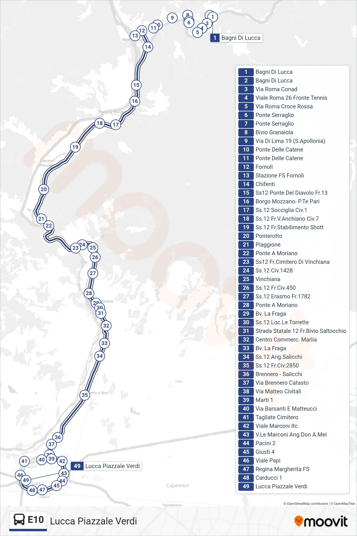 Linea E10  bus (Lucca Piazzale Verdi) - Percorsi e fermate sulla mappa
