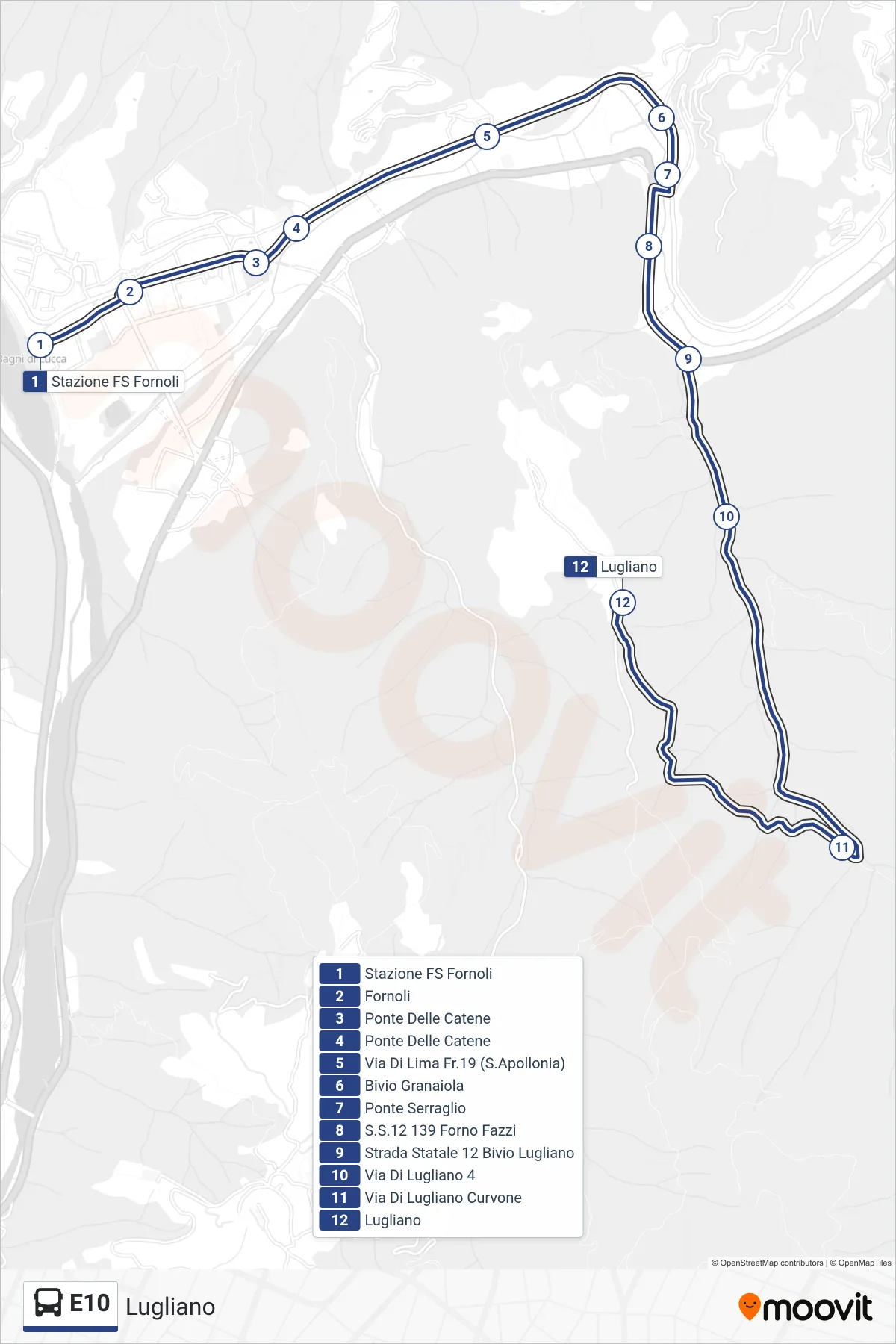 E10 bus Line (Lugliano) route and stops on a map