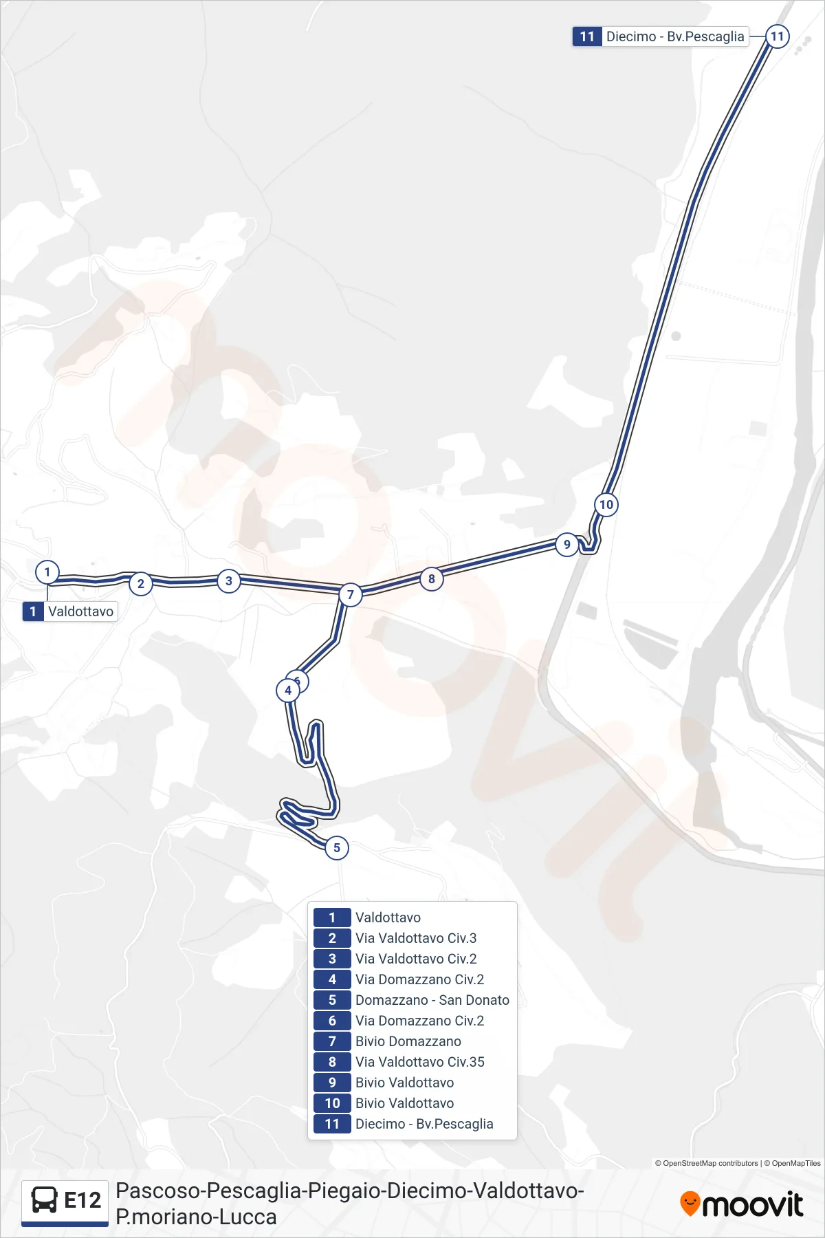 Linea E12  bus (Bivio Pescaglia) - Percorsi e fermate sulla mappa