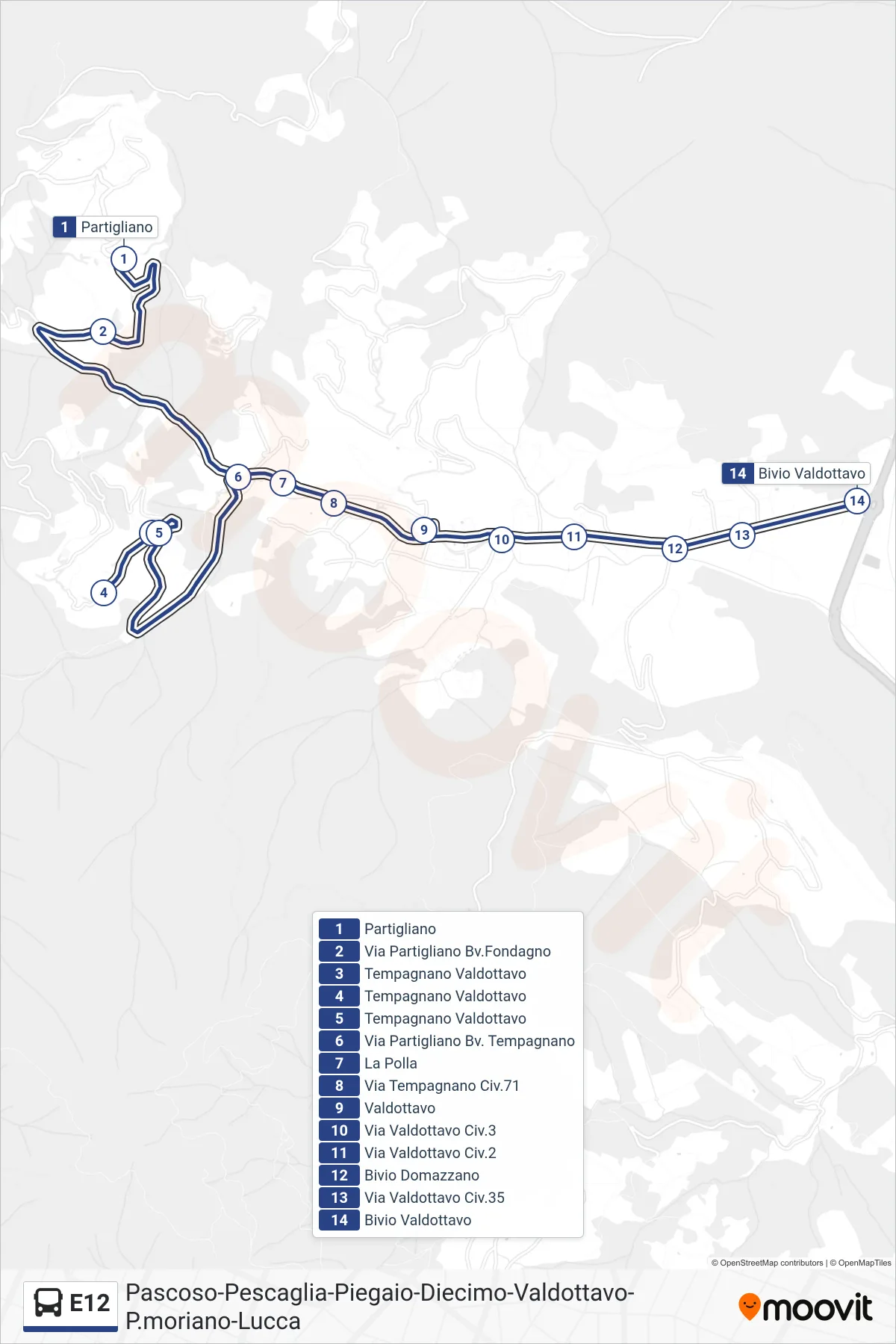 Linea E12  bus (Bivio Valdottavo) - Percorsi e fermate sulla mappa