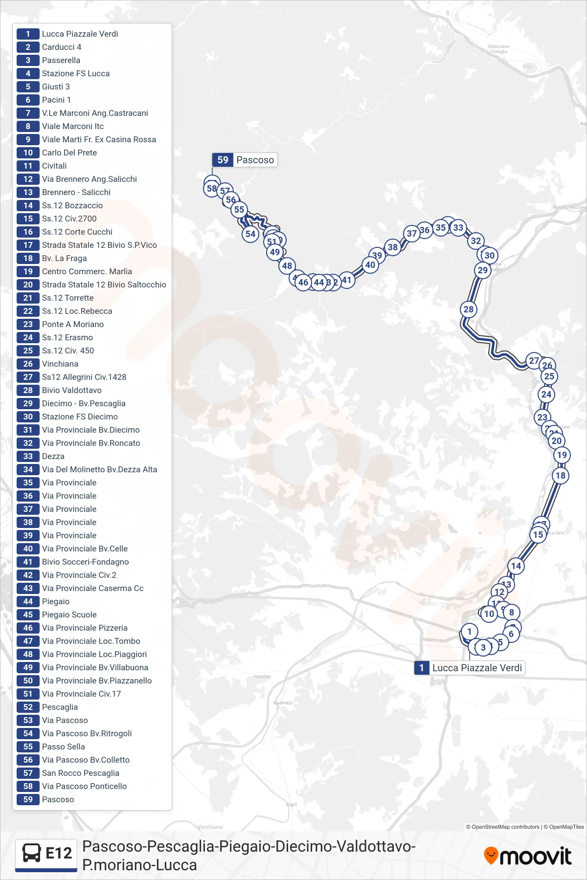 Linea E12 bus (Pascoso) - Percorsi e fermate sulla mappa