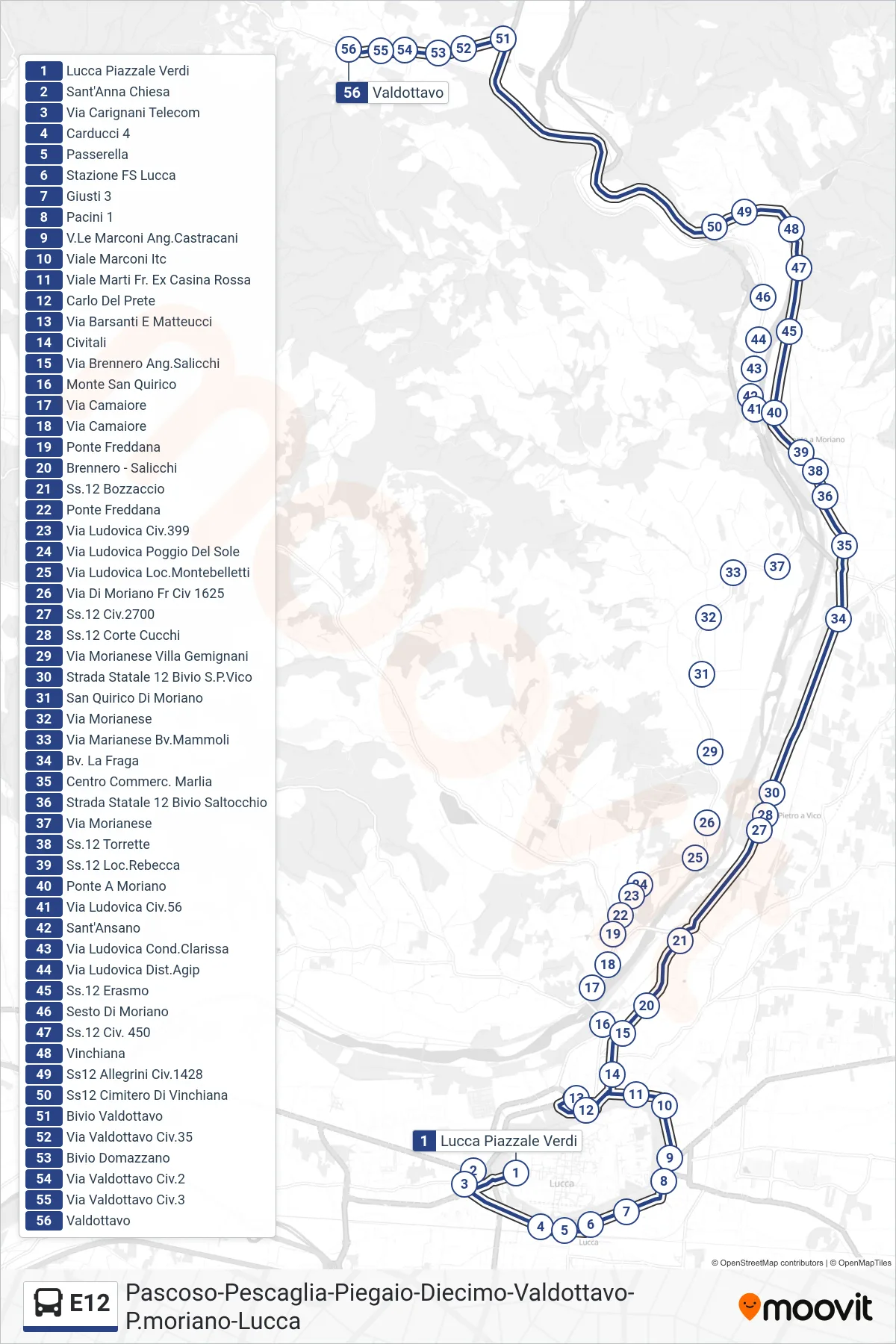 Linea E12 bus (Valdottavo) - Percorsi e fermate sulla mappa