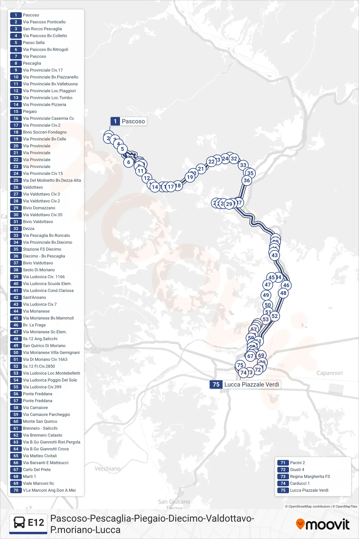 E12 bus Line (Lucca Piazzale Verdi) route and stops on a map
