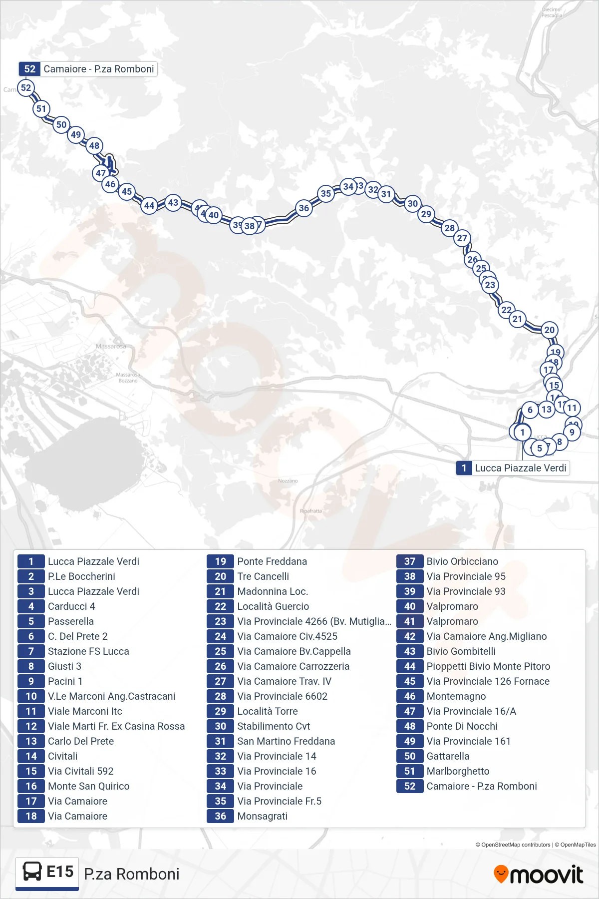 Linea E15 bus (P.za Romboni) - Percorsi e fermate sulla mappa