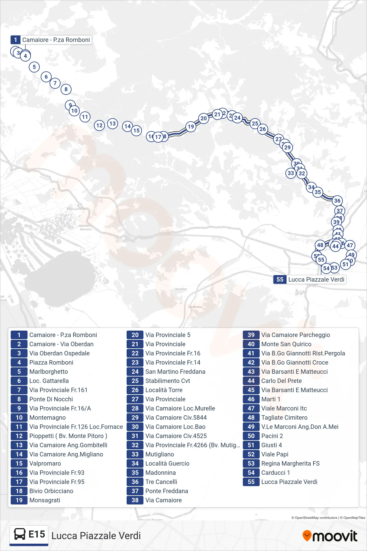 Linea E15 bus (Lucca Piazzale Verdi) - Percorsi e fermate sulla mappa