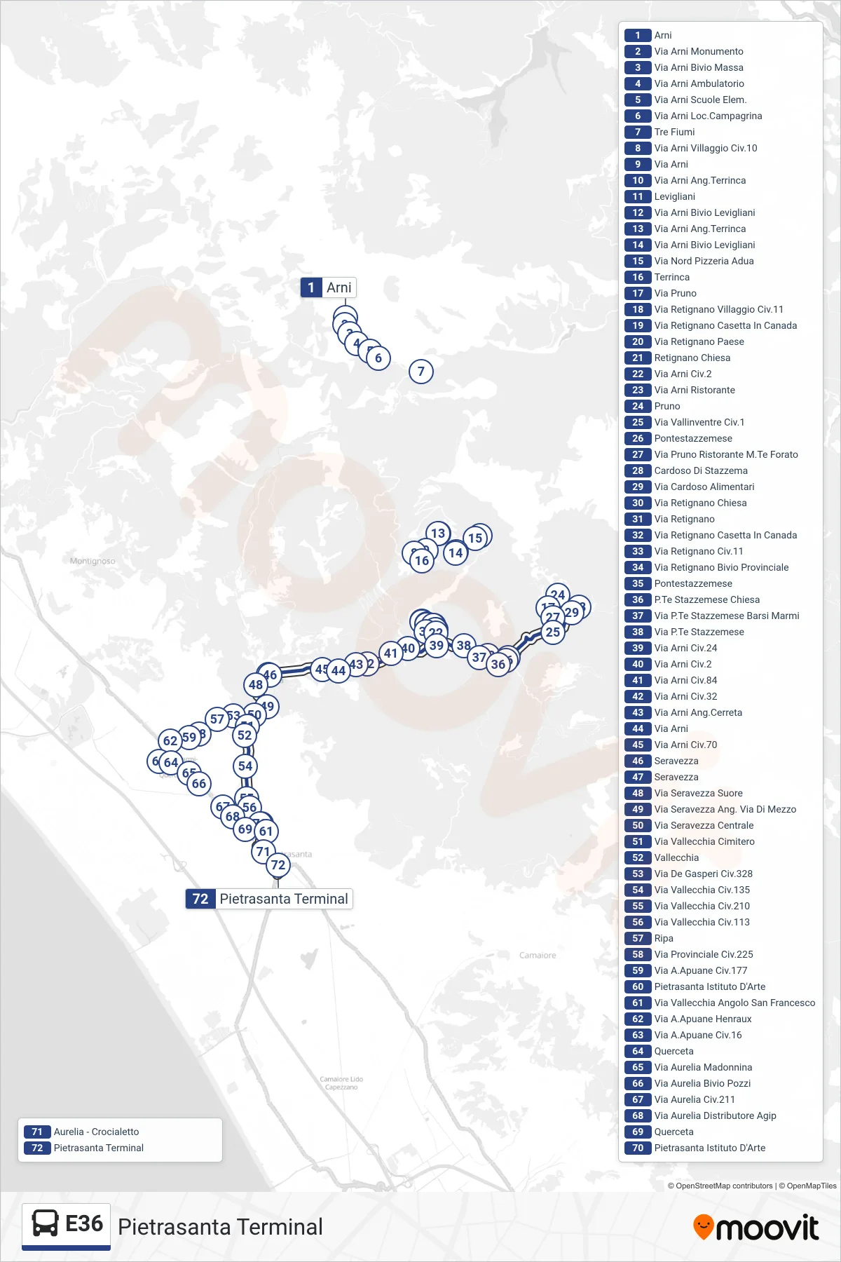 Linea E36 bus (Pietrasanta Terminal) - Percorsi e fermate sulla mappa