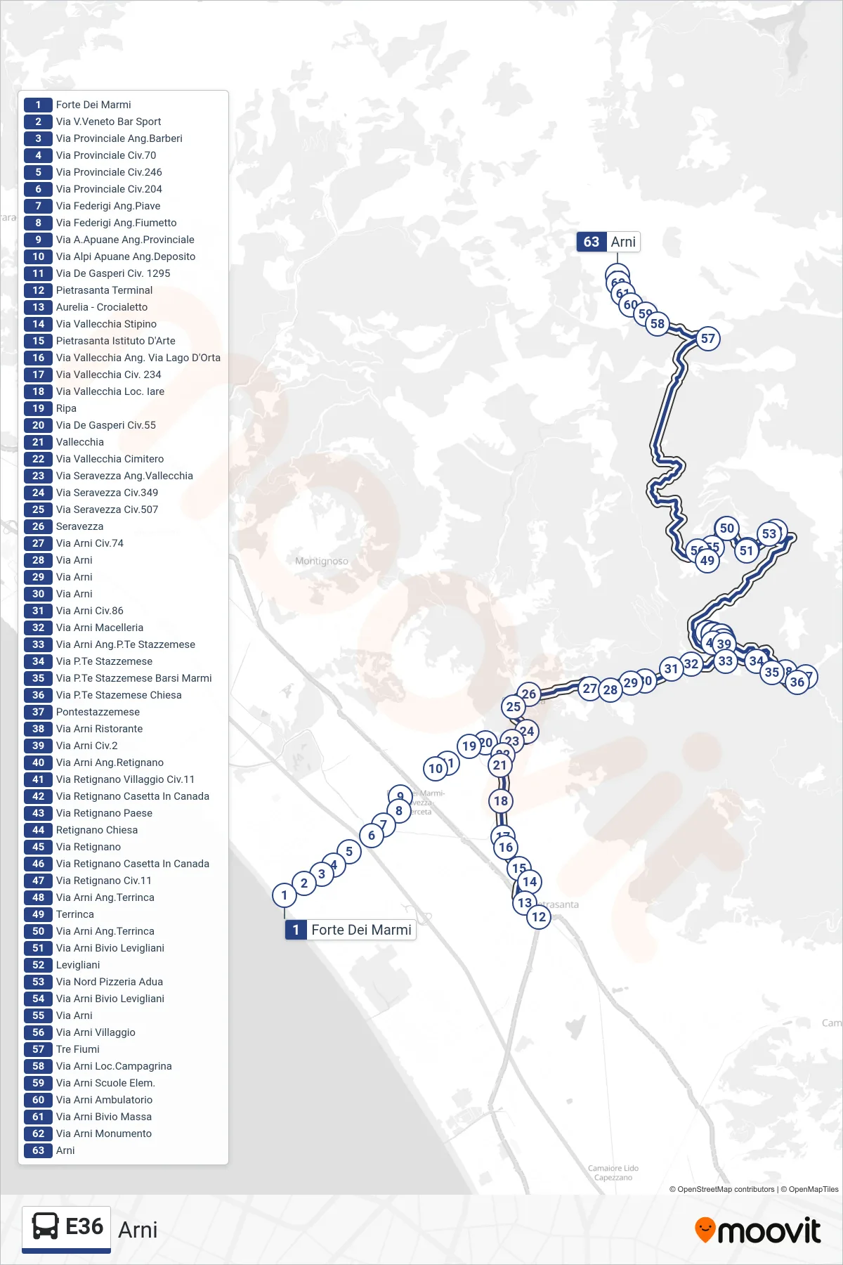 E36 bus Line (Arni) route and stops on a map