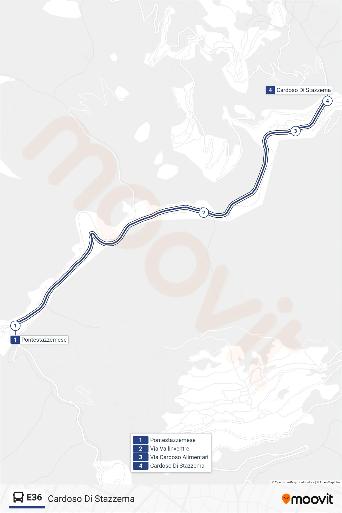 Linea E36 bus (Cardoso Di Stazzema) - Percorsi e fermate sulla mappa