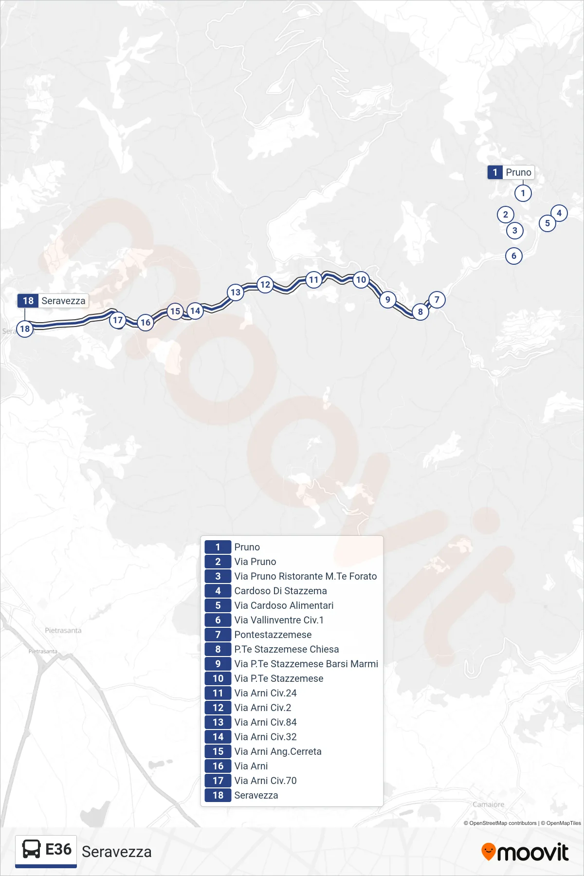 E36 bus Line (Seravezza) route and stops on a map