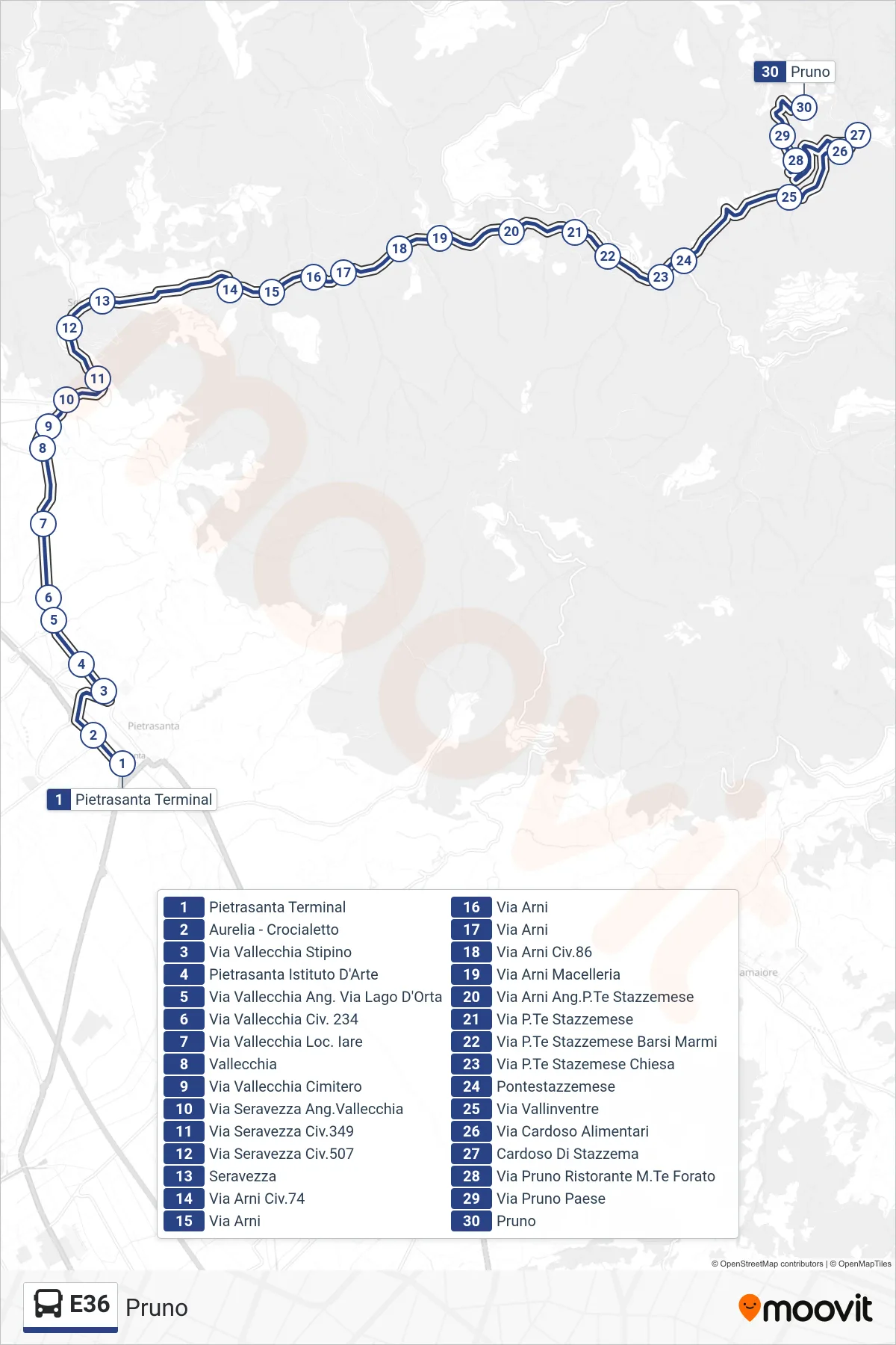 E36 bus Line (Pruno) route and stops on a map