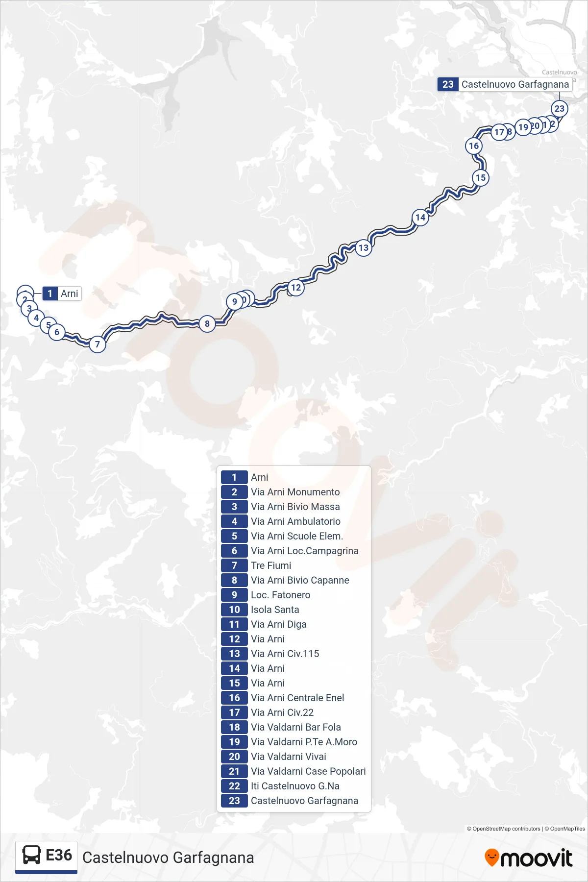 Linea E36  bus (Castelnuovo Garfagnana) - Percorsi e fermate sulla mappa