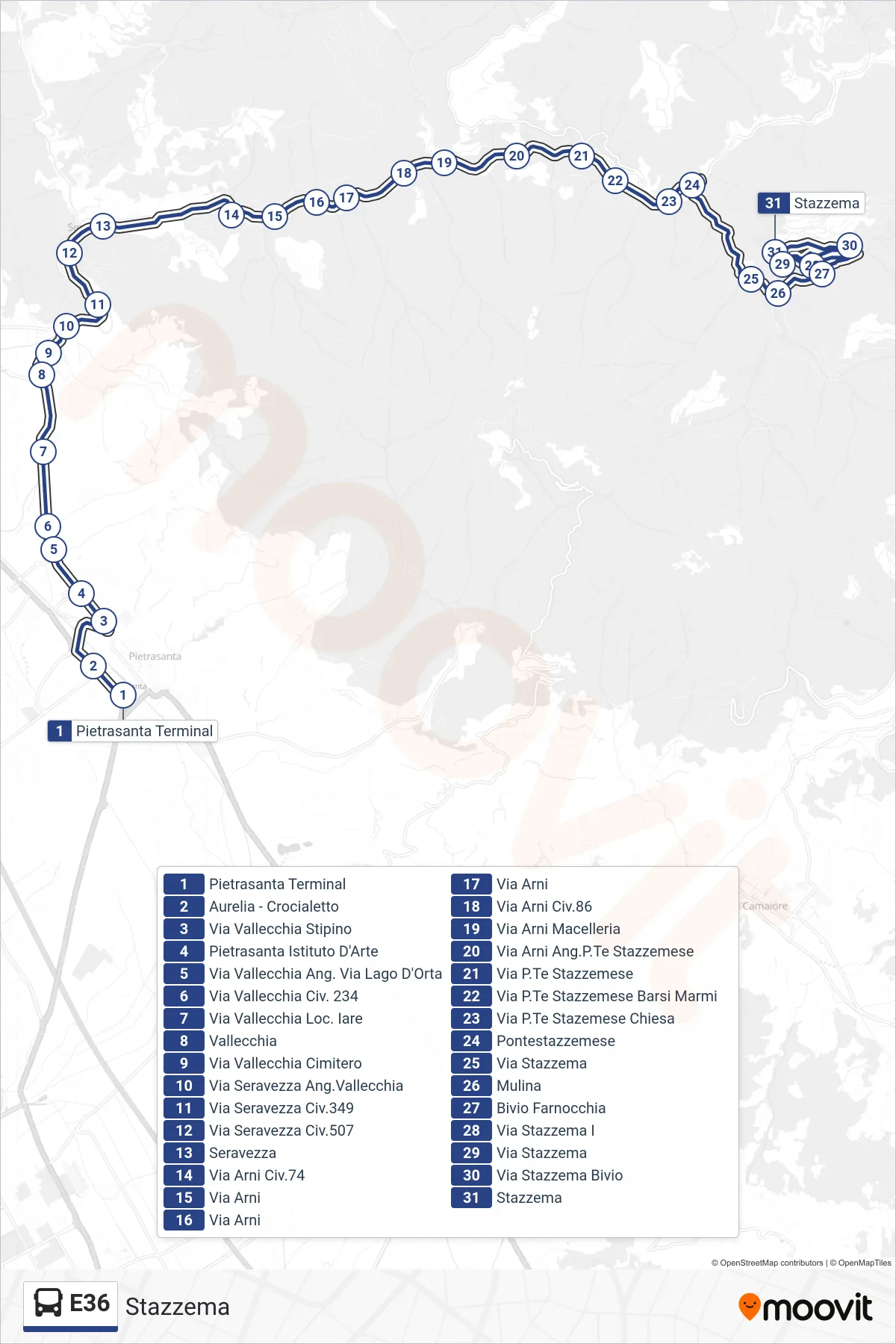 E36 bus Line (Stazzema) route and stops on a map
