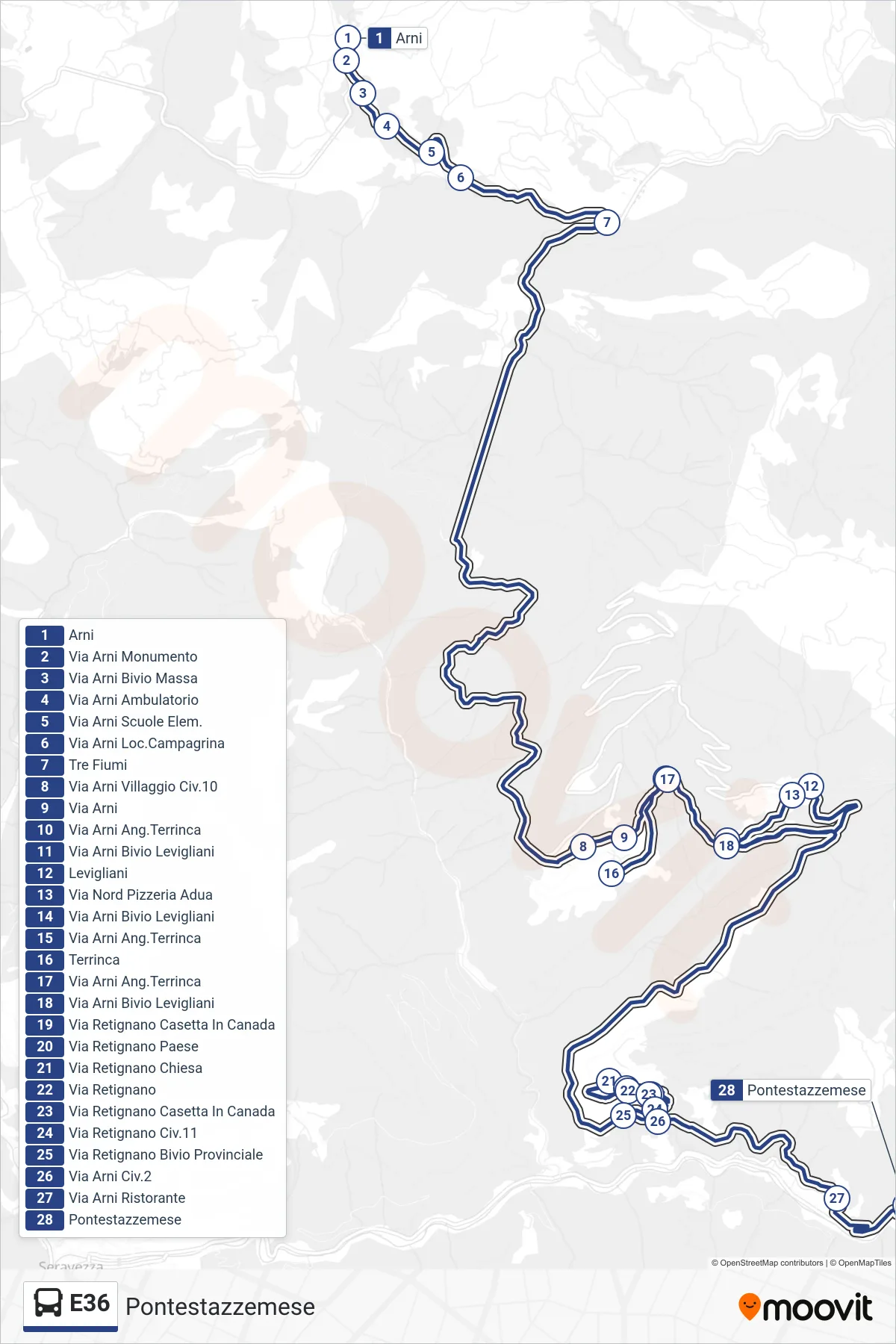 E36 bus Line (Pontestazzemese) route and stops on a map