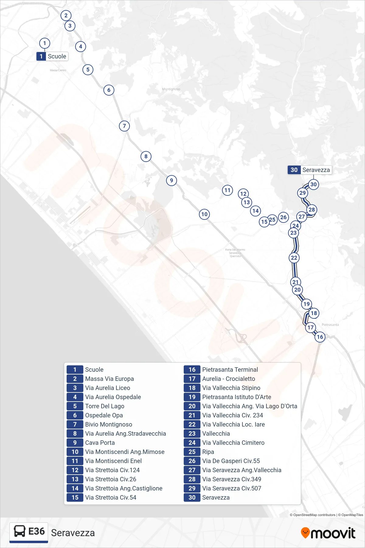 Linea E36 bus (Seravezza) - Percorsi e fermate sulla mappa