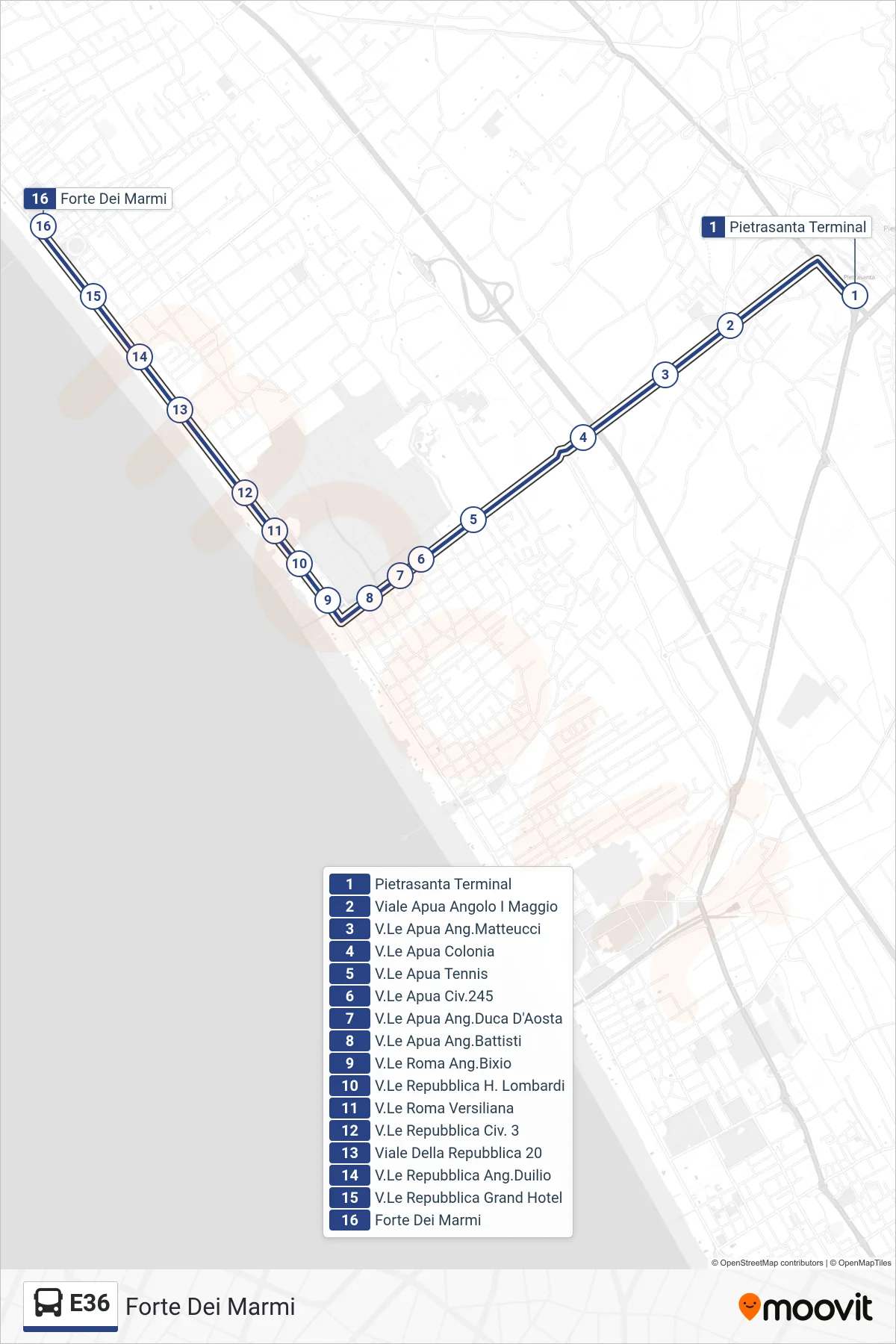 E36 bus Line (Forte Dei Marmi) route and stops on a map
