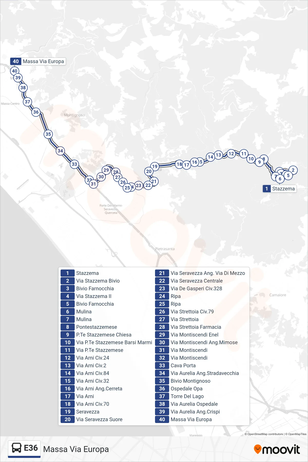 E36 bus Line (Massa Via Europa) route and stops on a map