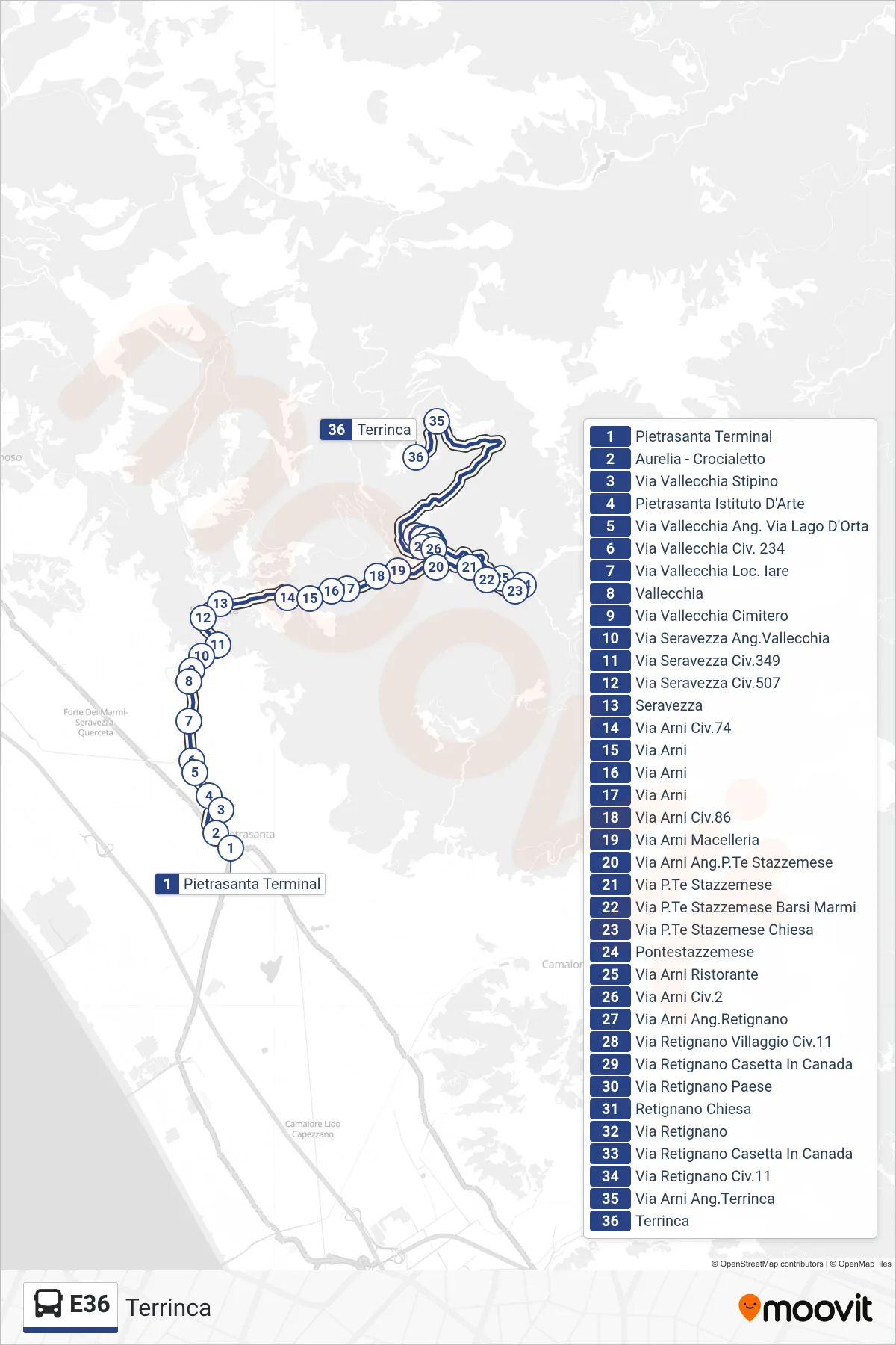 E36 bus Line (Terrinca) route and stops on a map