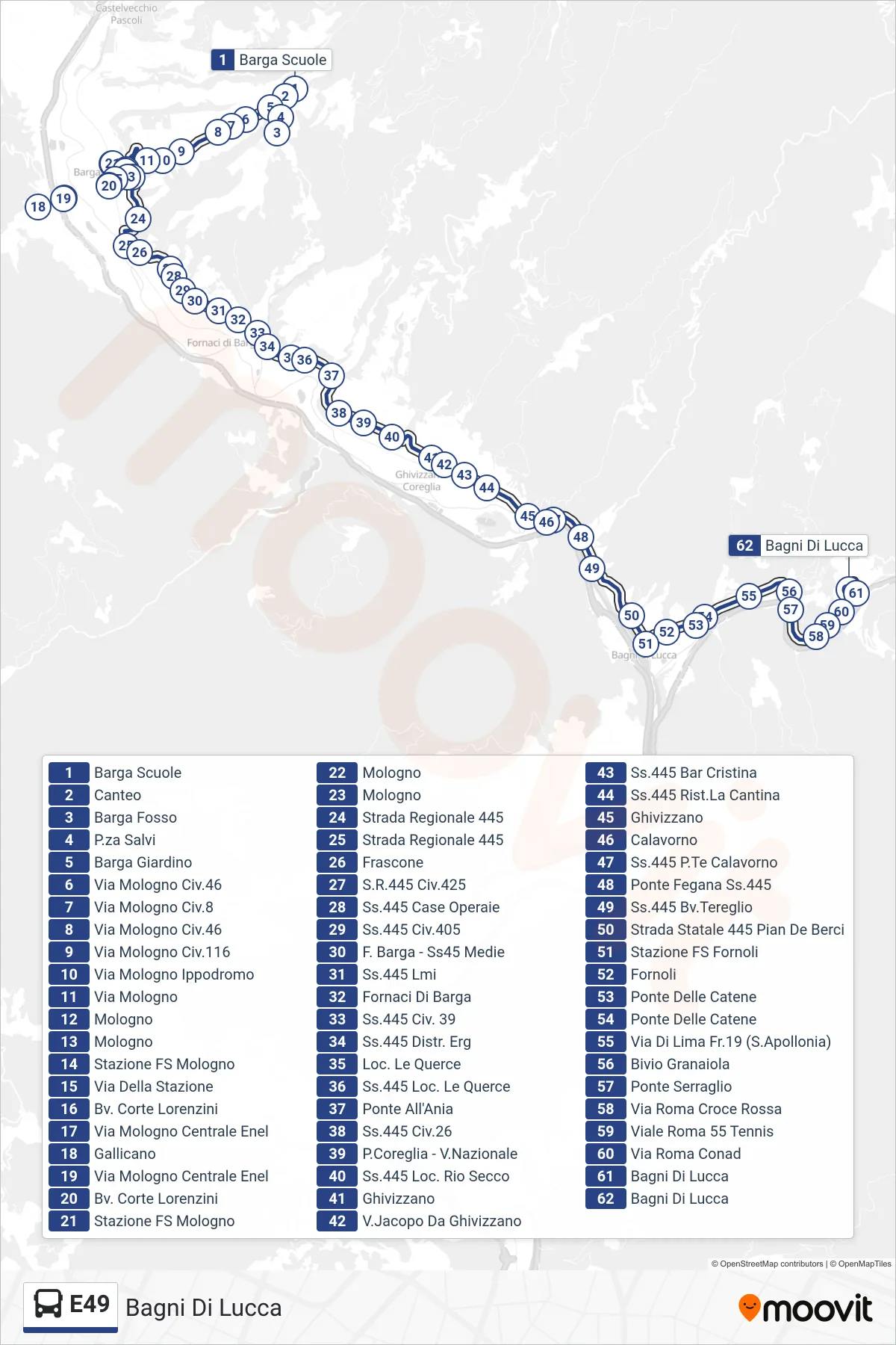 Linea E49 bus (Bagni Di Lucca) - Percorsi e fermate sulla mappa