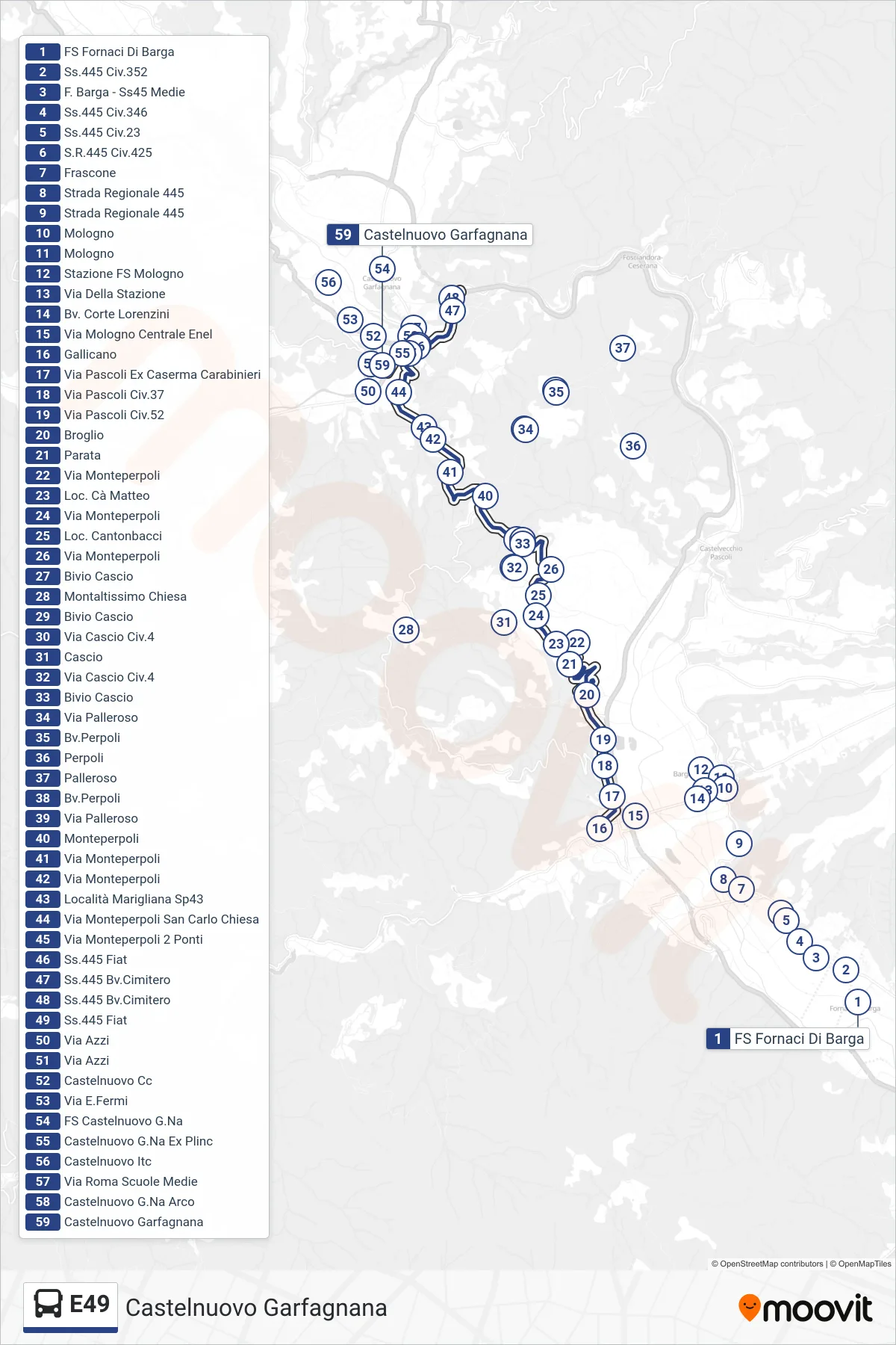 Linea E49 bus (Castelnuovo Garfagnana) - Percorsi e fermate sulla mappa