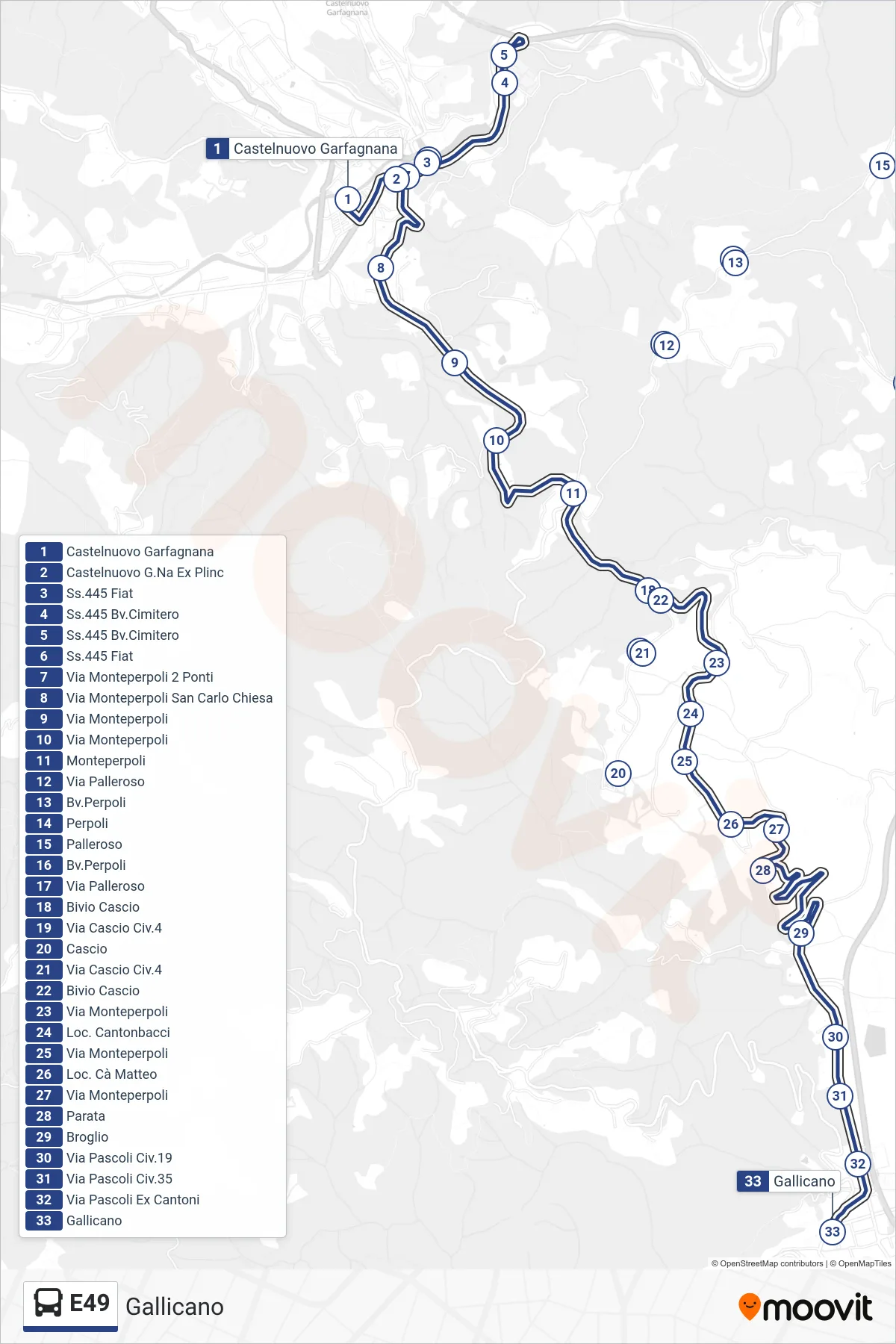 Linea E49 bus (Gallicano) - Percorsi e fermate sulla mappa