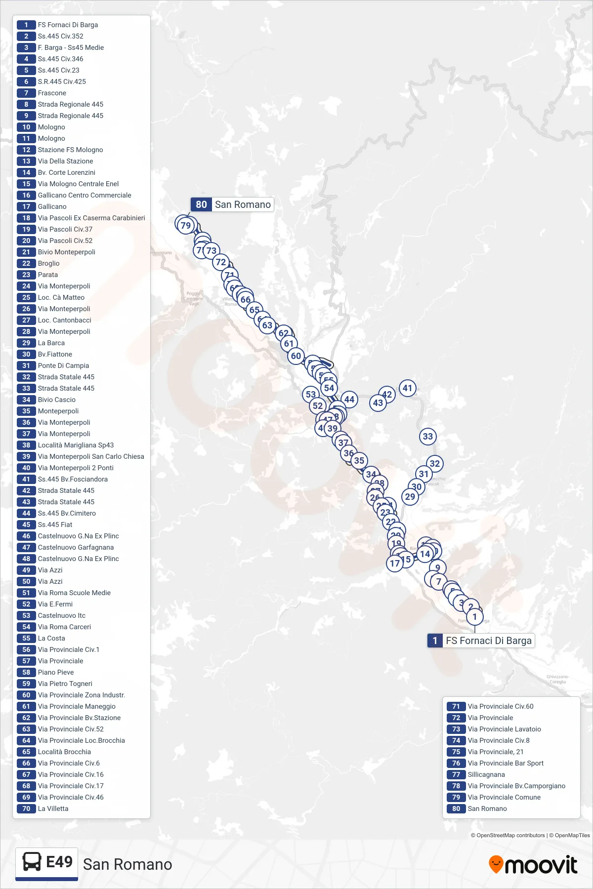 Linea E49 bus (San Romano) - Percorsi e fermate sulla mappa