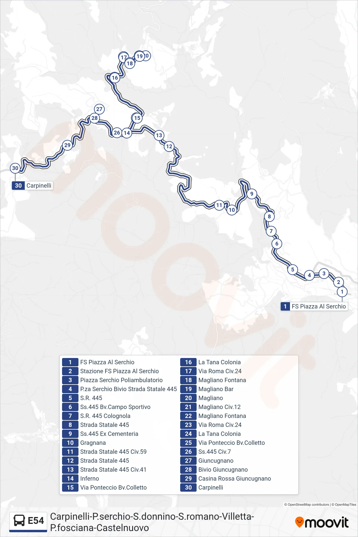 E54 bus Line (Carpinelli) route and stops on a map