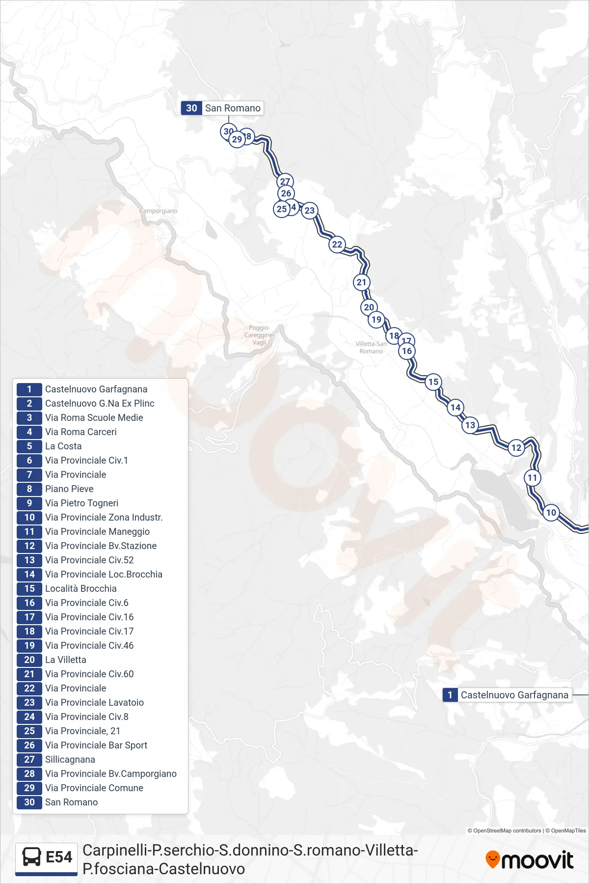 Linea E54 bus (San Romano) - Percorsi e fermate sulla mappa