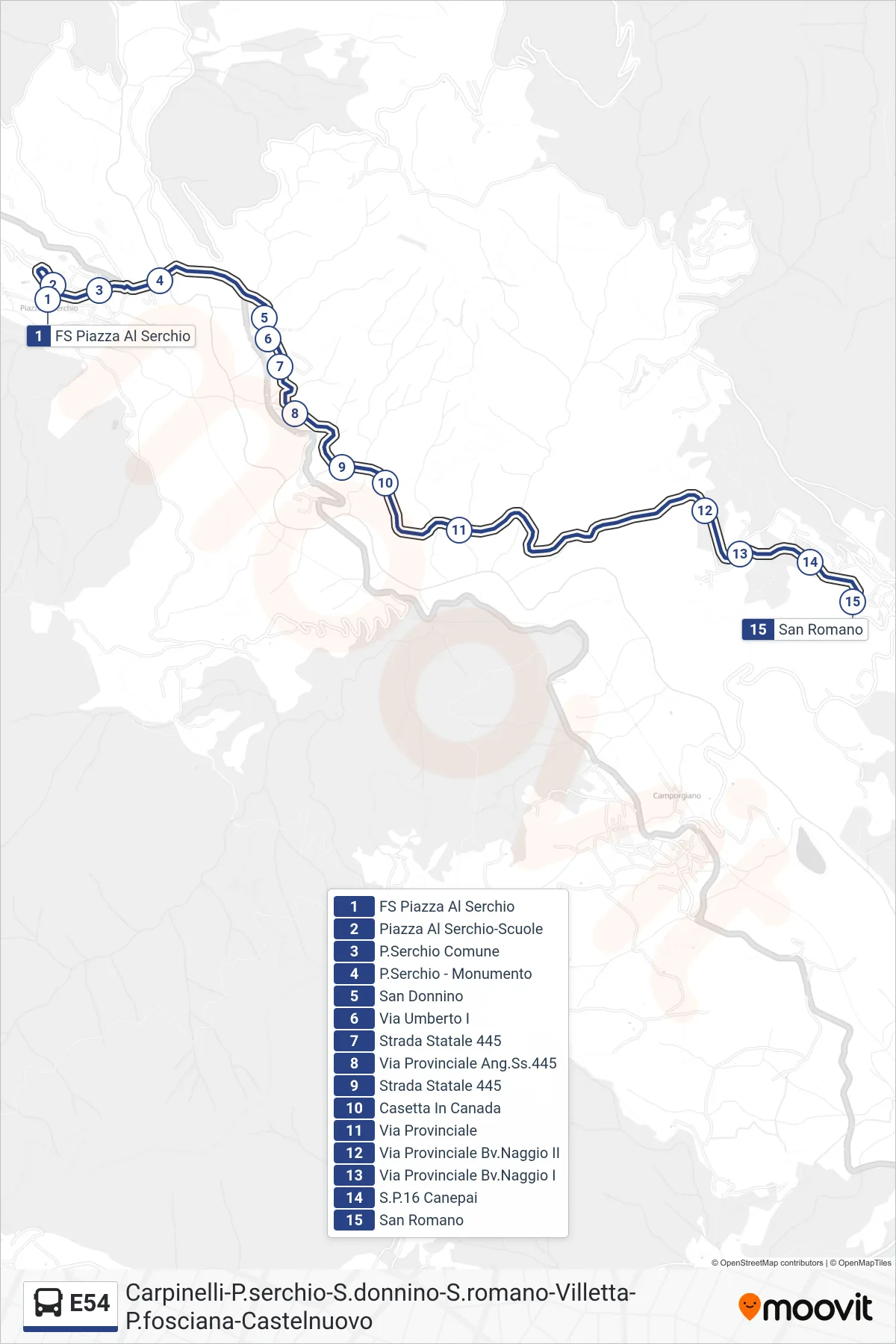 E54 bus Line (San Romano) route and stops on a map