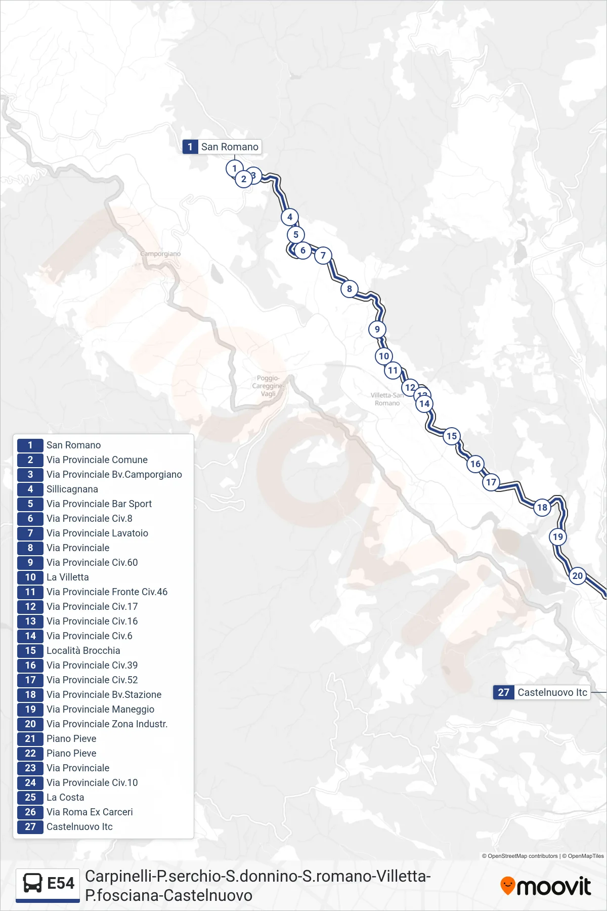 E54 bus Line (Castelnuovo Technical Institute) route and stops on a map