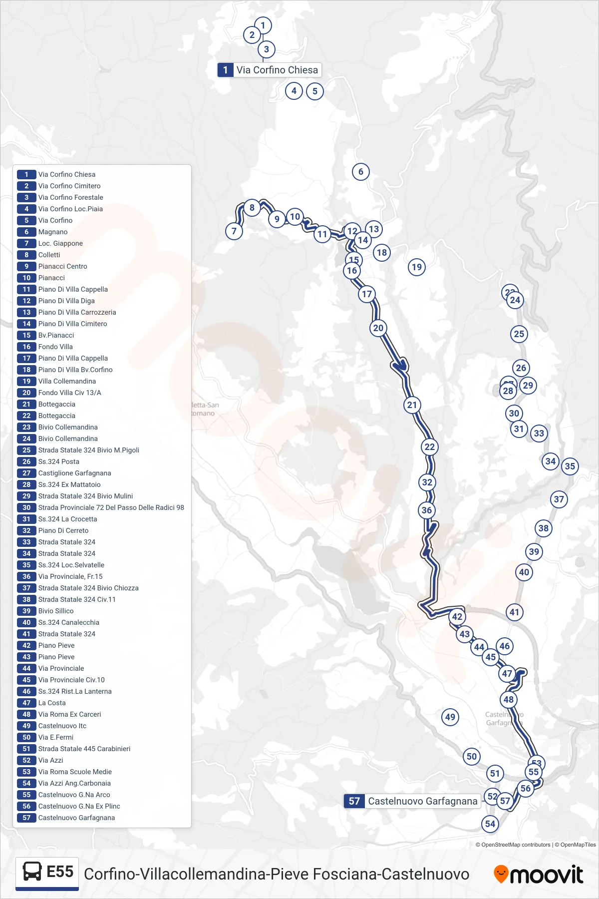Linea E55 bus (Castelnuovo Garfagnana) - Percorsi e fermate sulla mappa
