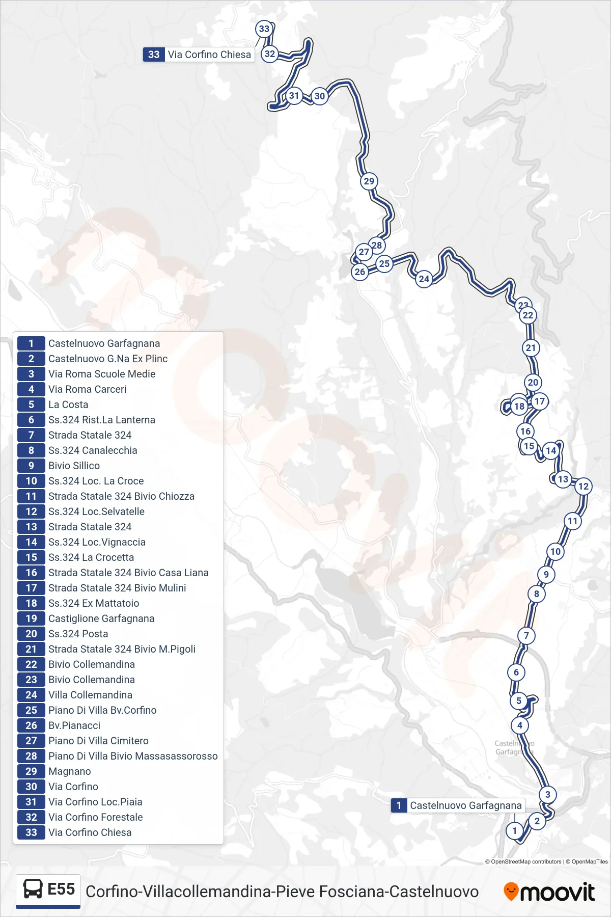 Linea E55 bus (Via Corfino Chiesa) - Percorsi e fermate sulla mappa